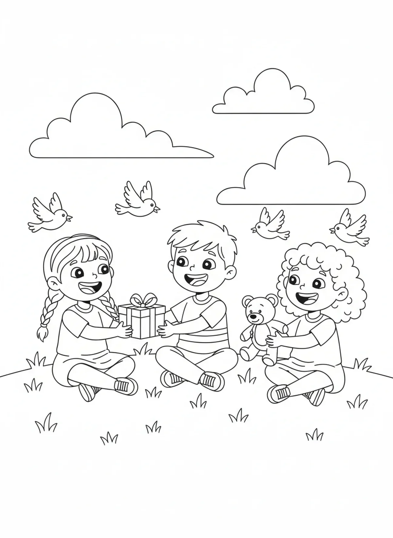 Crianças compartilhando presentes em uma colina gramada, página de colorir para o Domingo da Divina Misericórdia para crianças de 5 a 10 anos