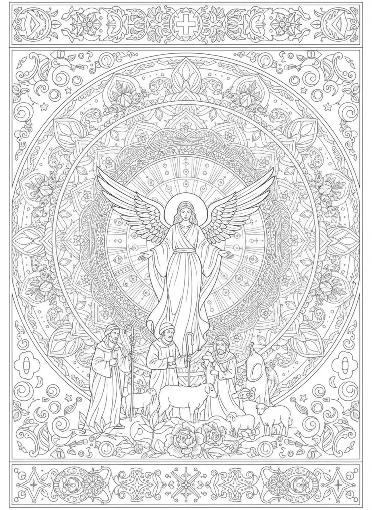 Engelsfigur, Ausmalbild zum Fest der Erscheinung für Erwachsene im Stil des Bibel-Journalings.