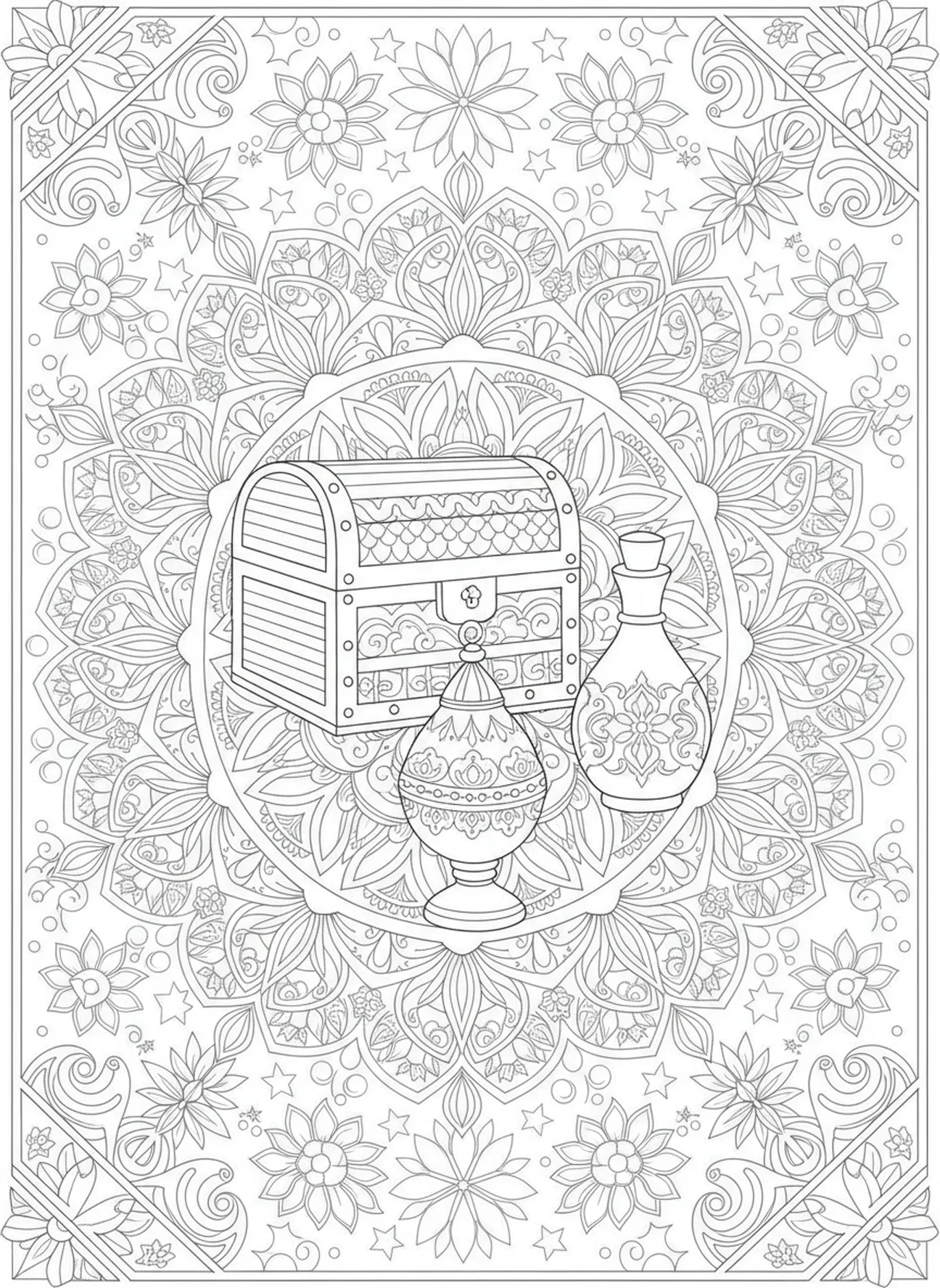 Geschenke der Weisen, Ausmalbild für Erwachsene zum Fest der Erscheinung im Bibel-Journaling-Stil.