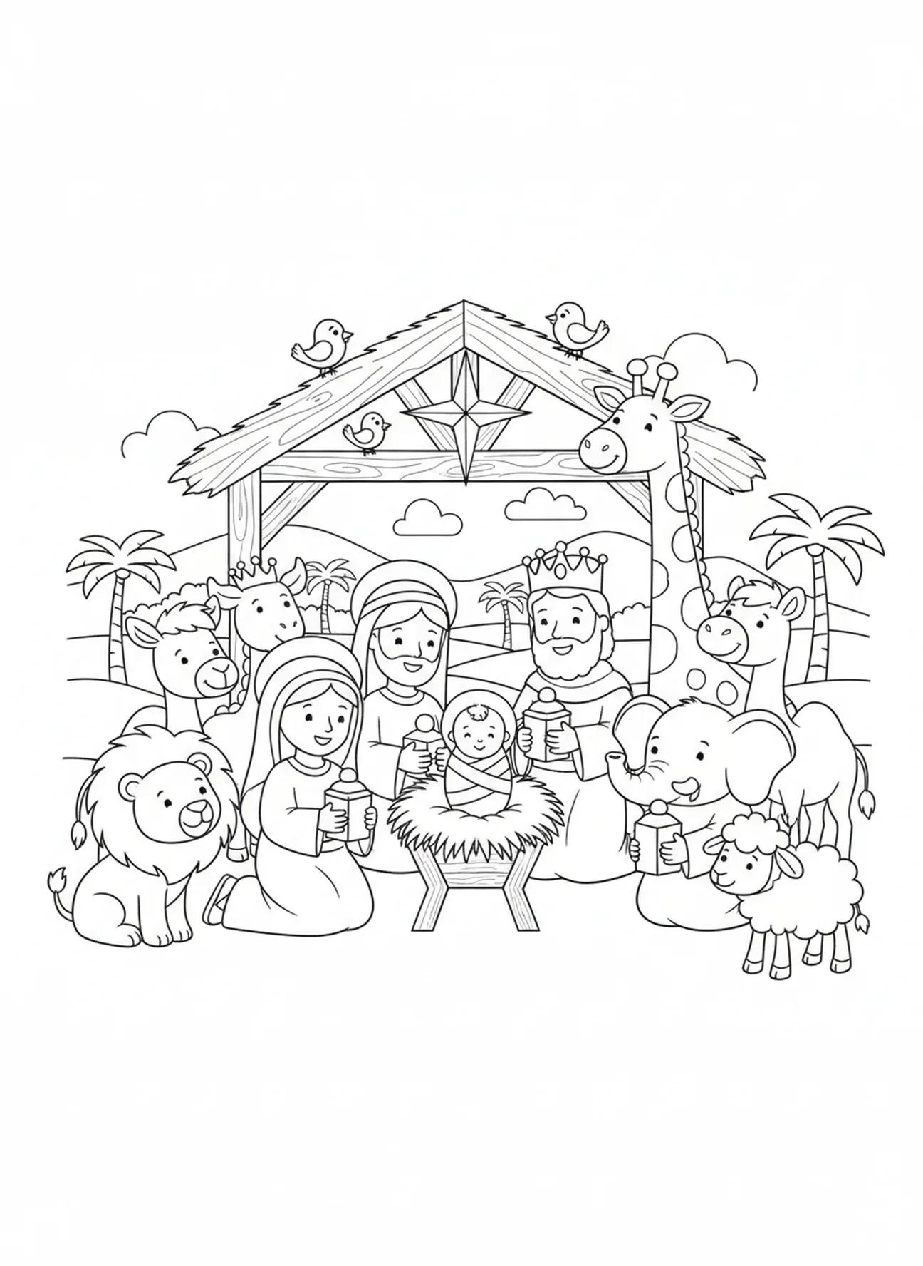 Animaux rassemblés autour de la crèche, page à colorier pour la fête de l'Épiphanie pour les enfants de 5 à 10 ans