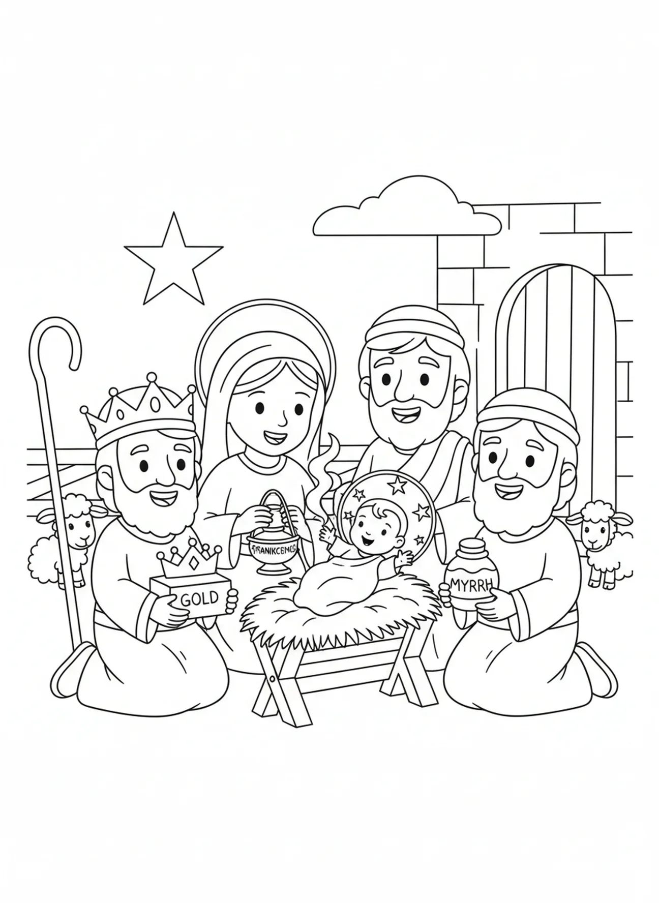 Les rois mages présentant des cadeaux, page à colorier pour la fête de l'Épiphanie pour les enfants de 5 à 10 ans