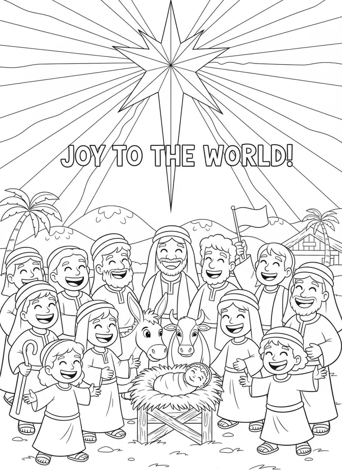 Des gens se réjouissant devant la crèche, page à colorier pour la Fête de l'Épiphanie pour les enfants de 5 à 10 ans