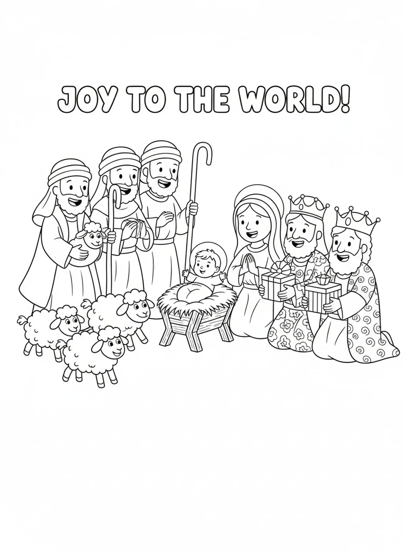 Bergers avec des moutons, page à colorier pour la fête de l'Épiphanie pour les enfants de 5 à 10 ans