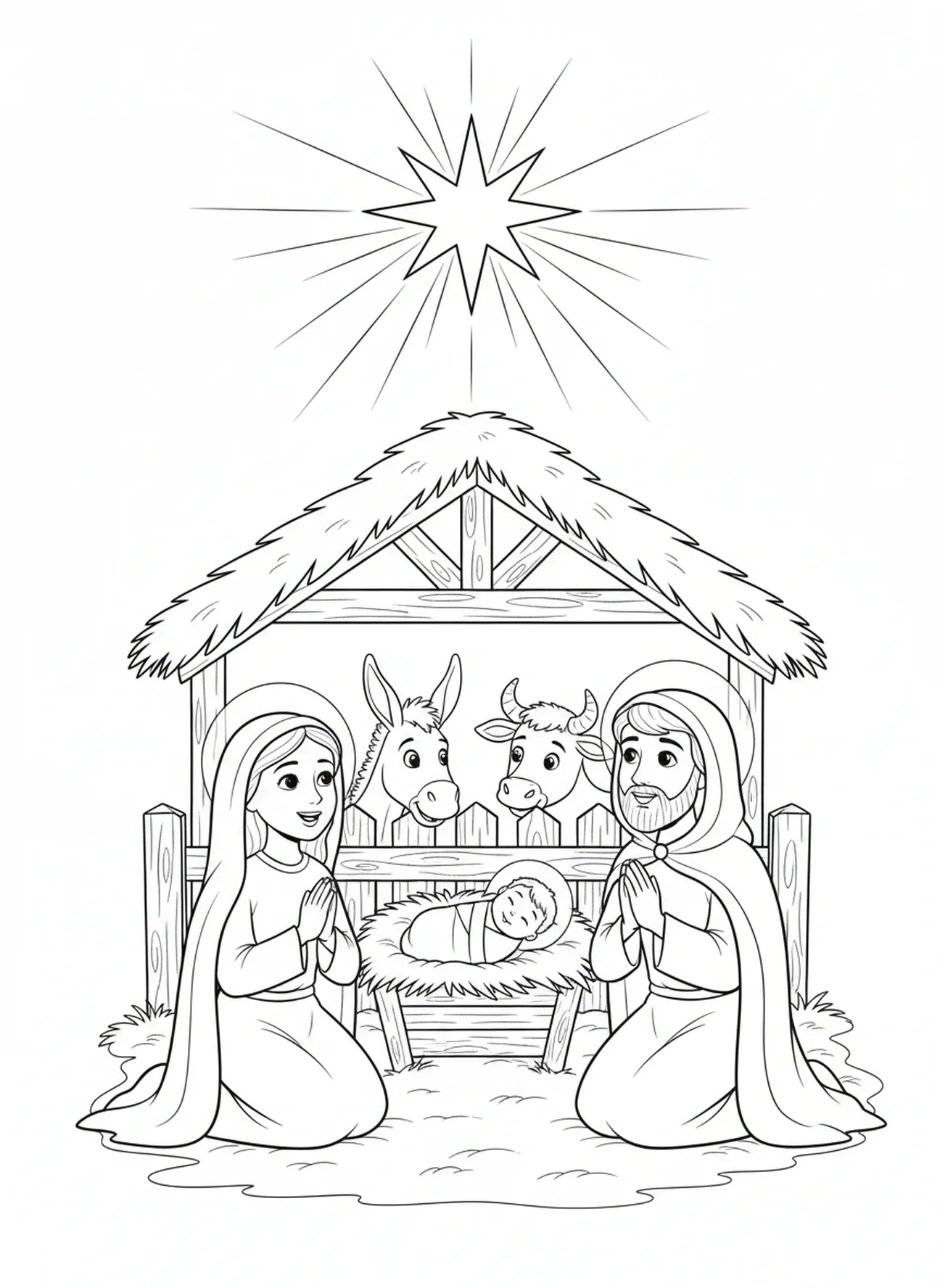 Étoile brillante au-dessus de la crèche, page à colorier pour la fête de l'Épiphanie pour les enfants de 5 à 10 ans