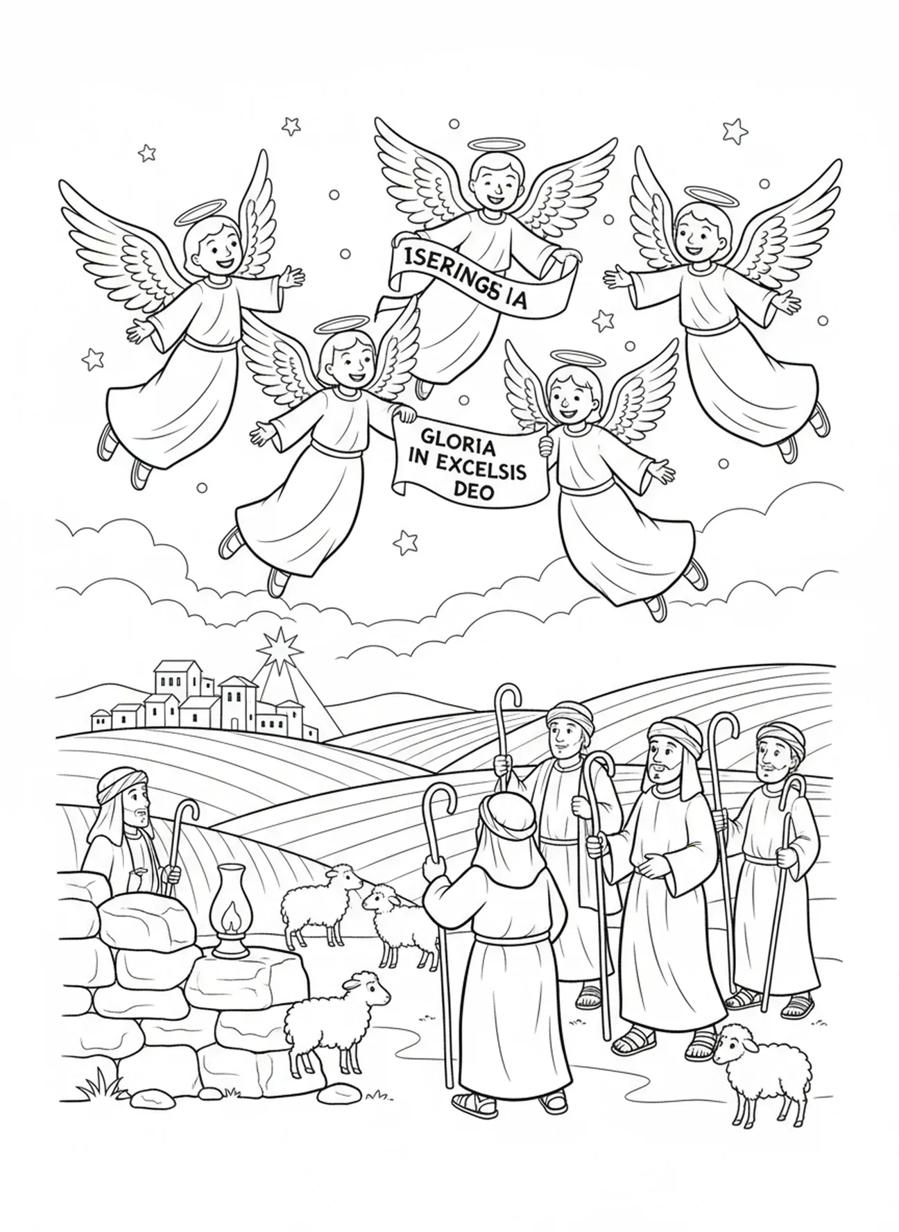 Engel verkünden die Geburt Jesu den Hirten, Ausmalbild für die Sonntagsschule für Kinder im Alter von 5-12 Jahren.
