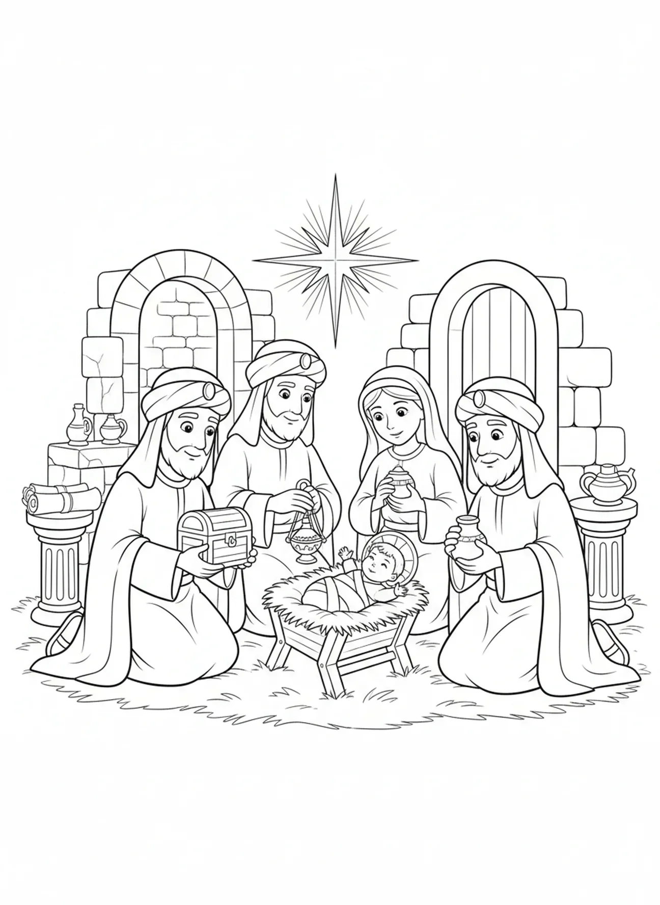 Die Weisen bringen Geschenke zu dem Baby Jesus, Ausmalbild zum Fest der Erscheinung für Kinder in der Sonntagsschule im Alter von 5-12 Jahren.