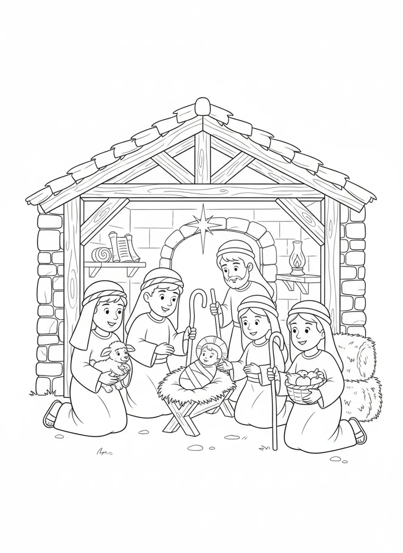 Hirten bringen Geschenke zu dem Baby Jesus, Ausmalbild für die Epiphaniefeier für Kinder in der Sonntagsschule im Alter von 5-12 Jahren.