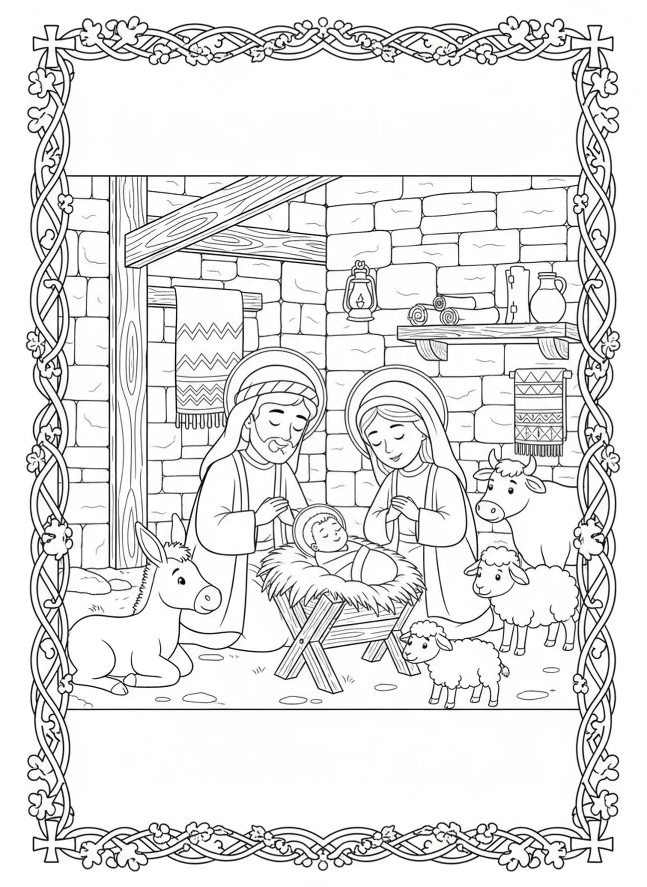 Maria und Josef mit dem Baby Jesus, Ausmalbild zum Fest der Erscheinung für Kinder in der Sonntagsschule im Alter von 5-12 Jahren.