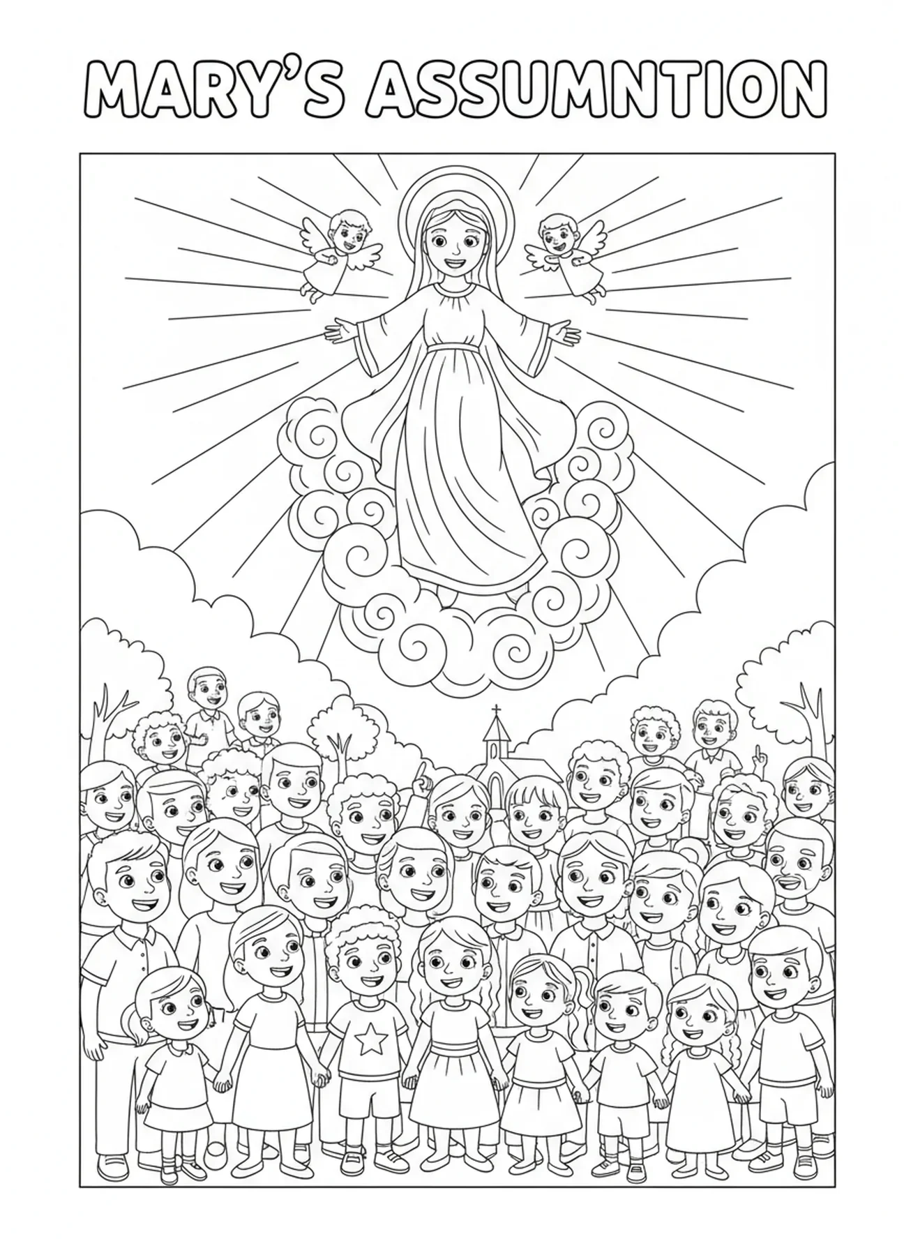 Multidão diversa de pessoas, página para colorir da Festa da Assunção para crianças de 5 a 10 anos