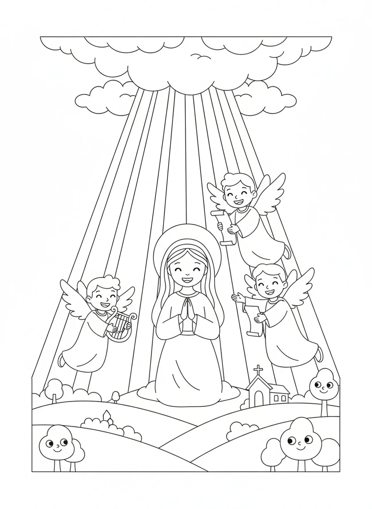 Raio radiante de luz celestial, página de colorir da Festa da Assunção para crianças de 5 a 10 anos