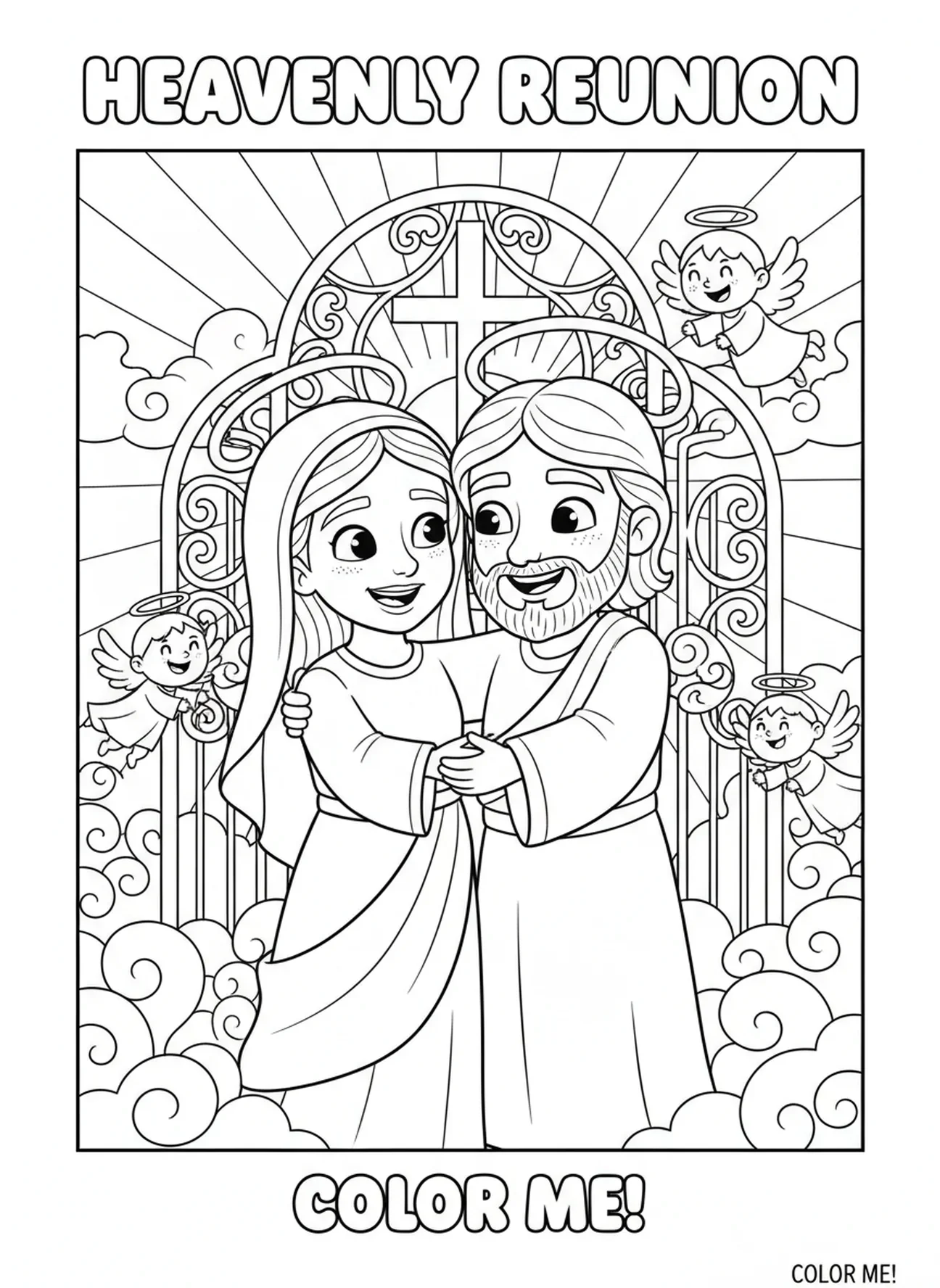 Maria se reencontrando com Jesus com alegria, página de colorir da Festa da Assunção para crianças de 5 a 10 anos