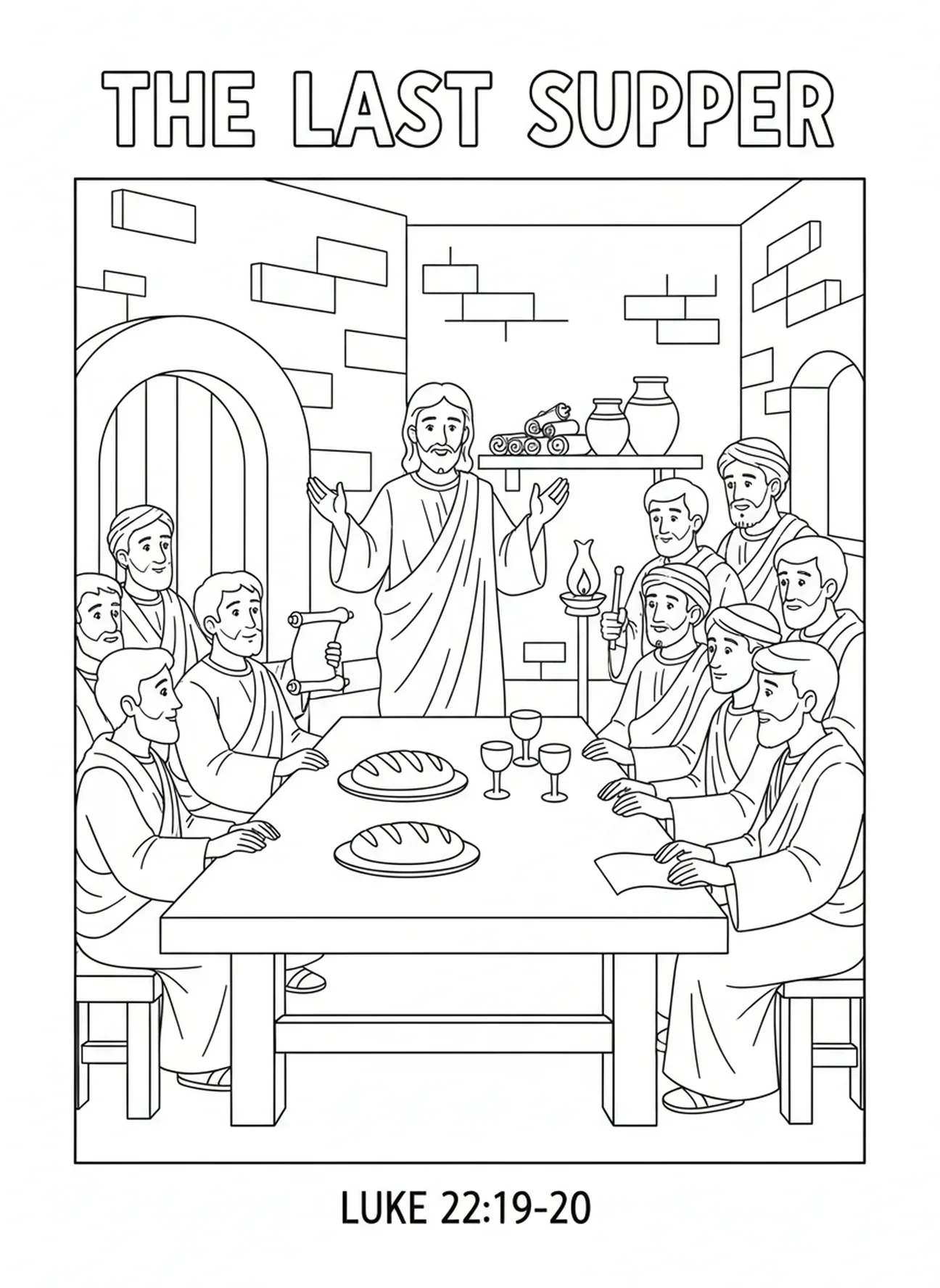 Jesus segnet Brot und Wein, Ausmalbild zum Fest Mariä Himmelfahrt für Kinder in der Sonntagsschule im Alter von 5-12 Jahren