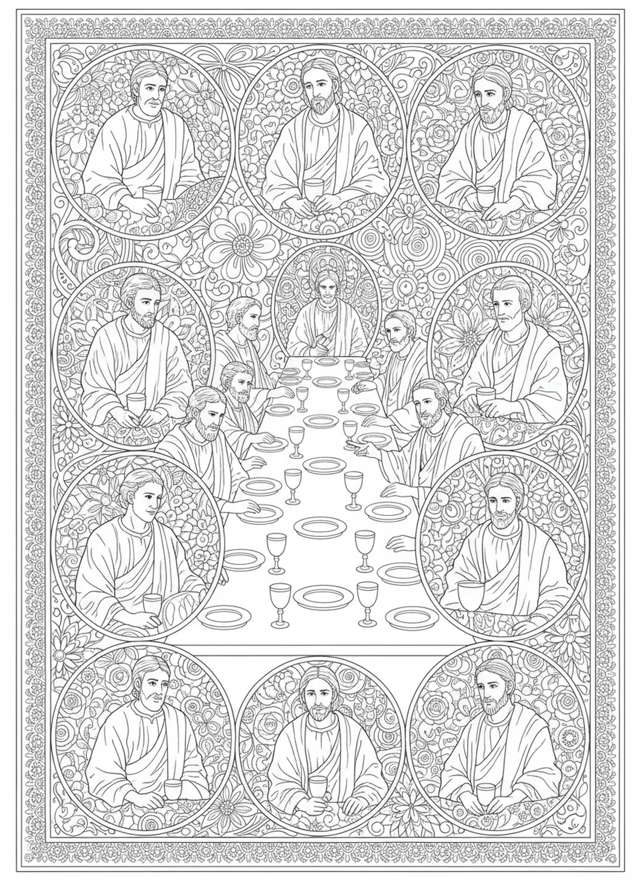 Discipulos reunidos, página para colorear de la Fiesta de la Cruz en estilo de journaling bíblico para adultos.