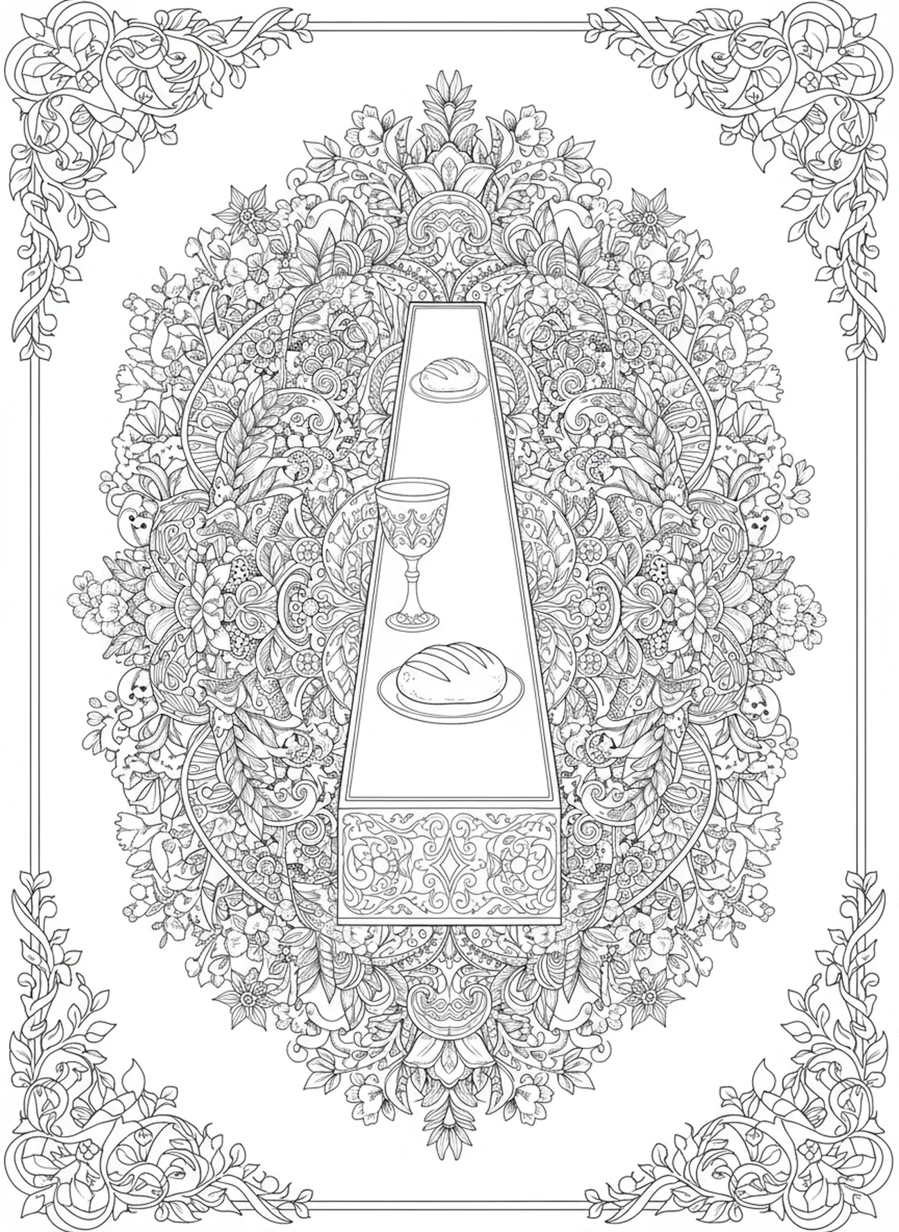 Mesa de banquete elegante, página para colorear de la Fiesta de la Cruz en estilo de journaling bíblico para adultos.
