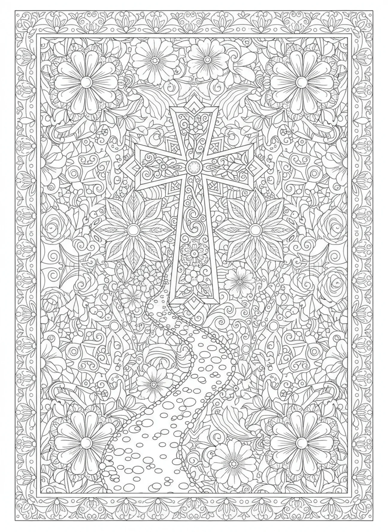 Camino serpenteante hacia la cruz, página para colorear de la Fiesta de la Cruz en estilo de journaling bíblico para adultos.