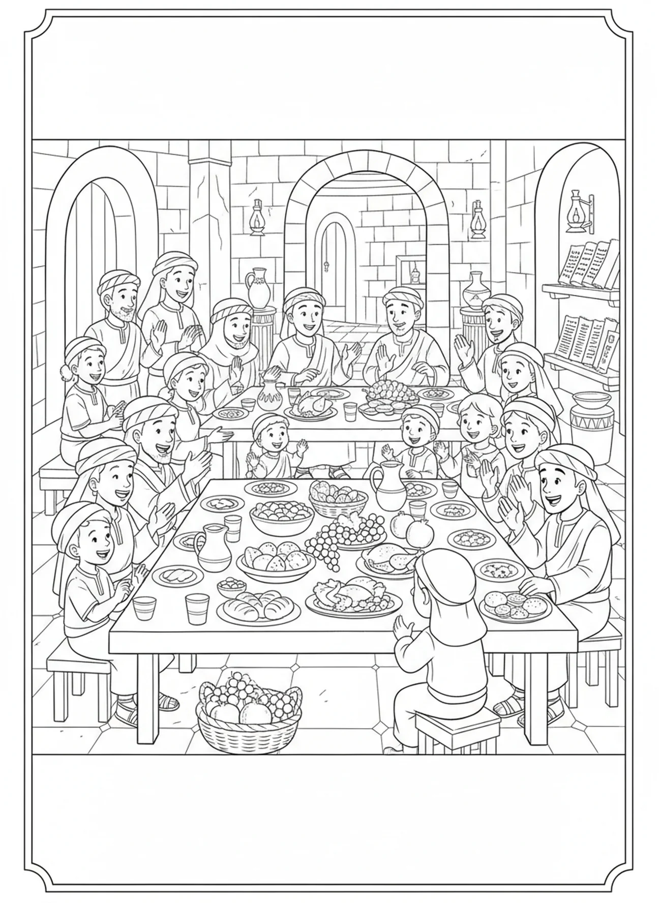 Famílias desfrutando de um banquete, página para colorir da Festa da Cruz para crianças da Escola Dominical de 5 a 12 anos.