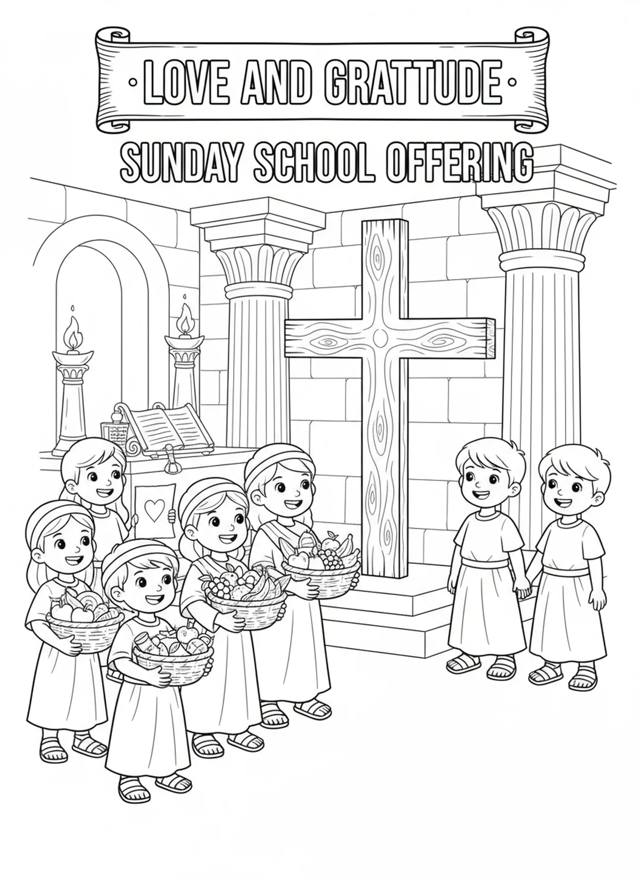 Crianças oferecendo presentes, página para colorir da Festa da Cruz para crianças da Escola Dominical de 5 a 12 anos.