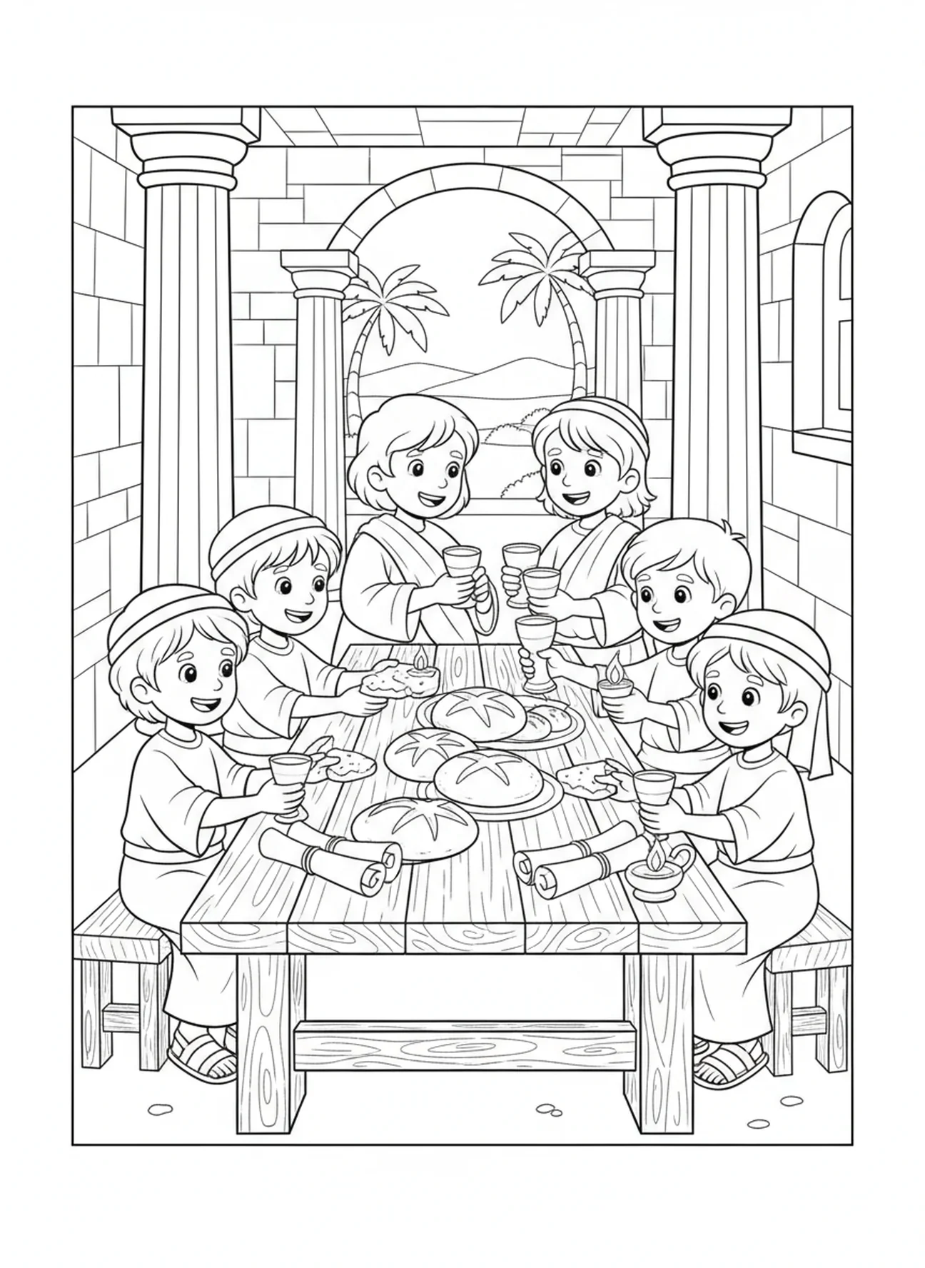 Crianças compartilhando pão, página para colorir da Festa da Cruz para crianças da Escola Dominical de 5 a 12 anos.