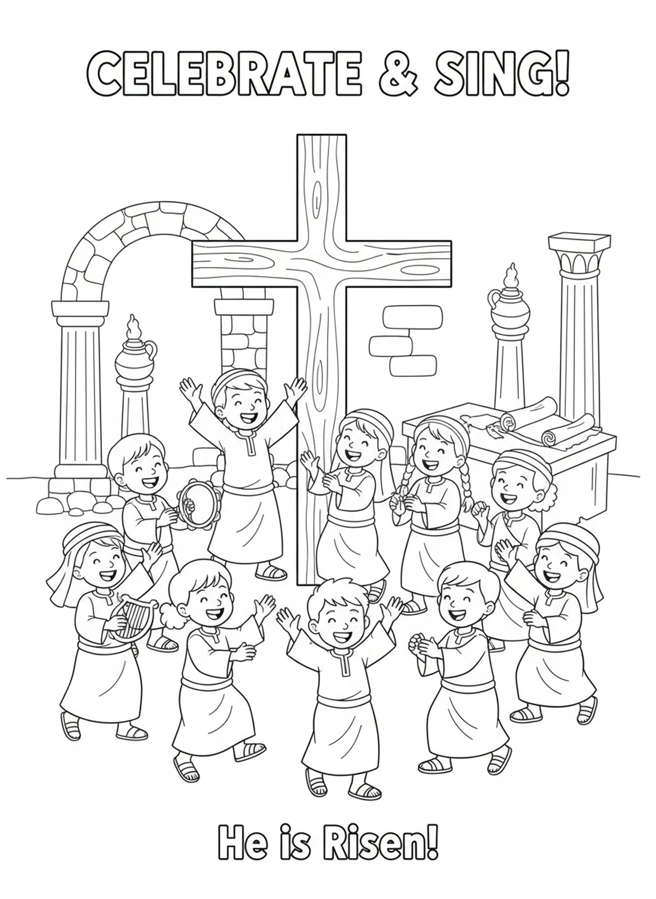 Crianças dançando, página de colorir da Festa da Cruz para crianças da Escola Dominical de 5 a 12 anos.