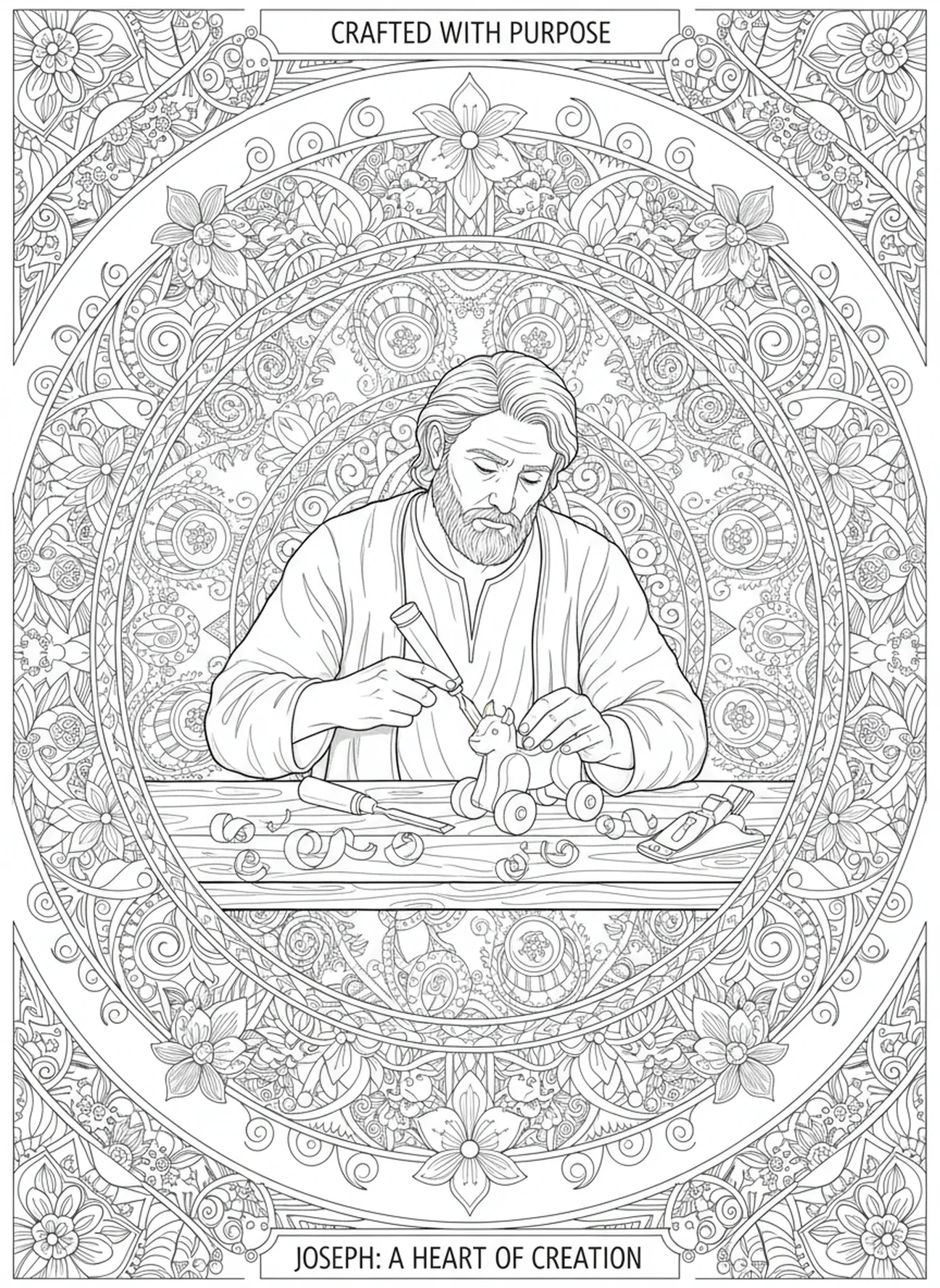José fazendo um brinquedo, página para colorir da Festa da Sagrada Família no estilo de journaling bíblico para adultos