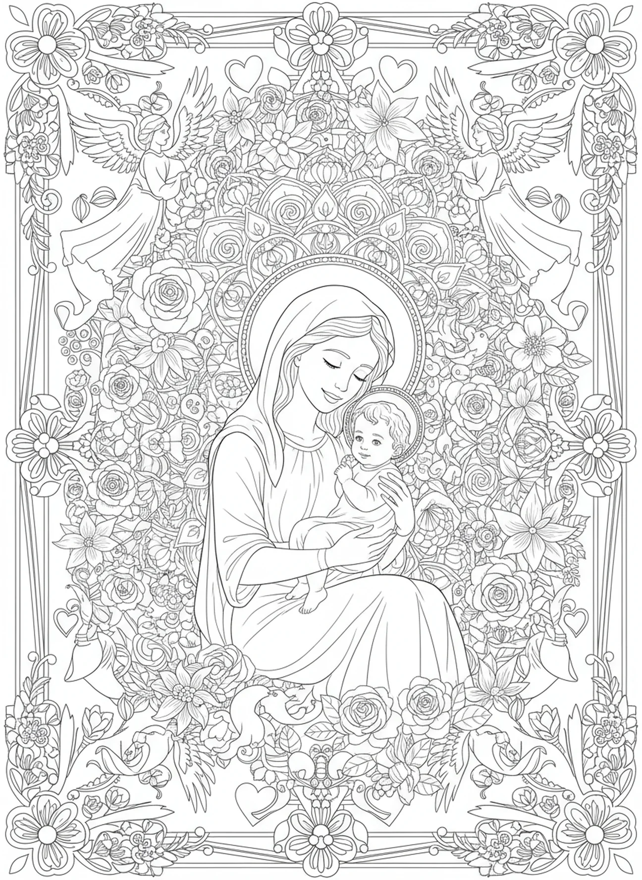 Maria segurando o bebê Jesus, página para colorir da Festa da Sagrada Família no estilo de journaling bíblico para adultos