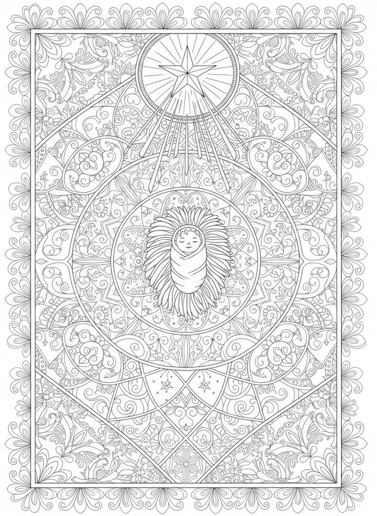 Estrela radiante acima do presépio, página de colorir da Festa da Sagrada Família no estilo de journaling bíblico para adultos