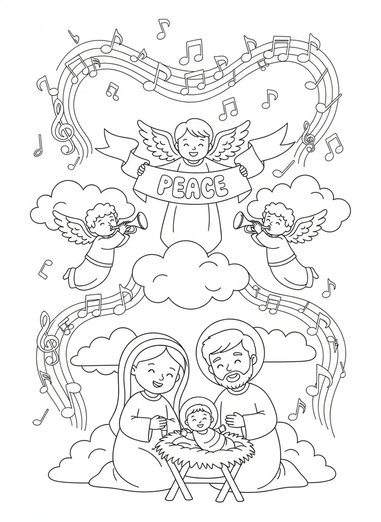 Des anges apparaissant au-dessus de la famille, page à colorier pour la Fête de la Sainte Famille pour les enfants de 5 à 10 ans