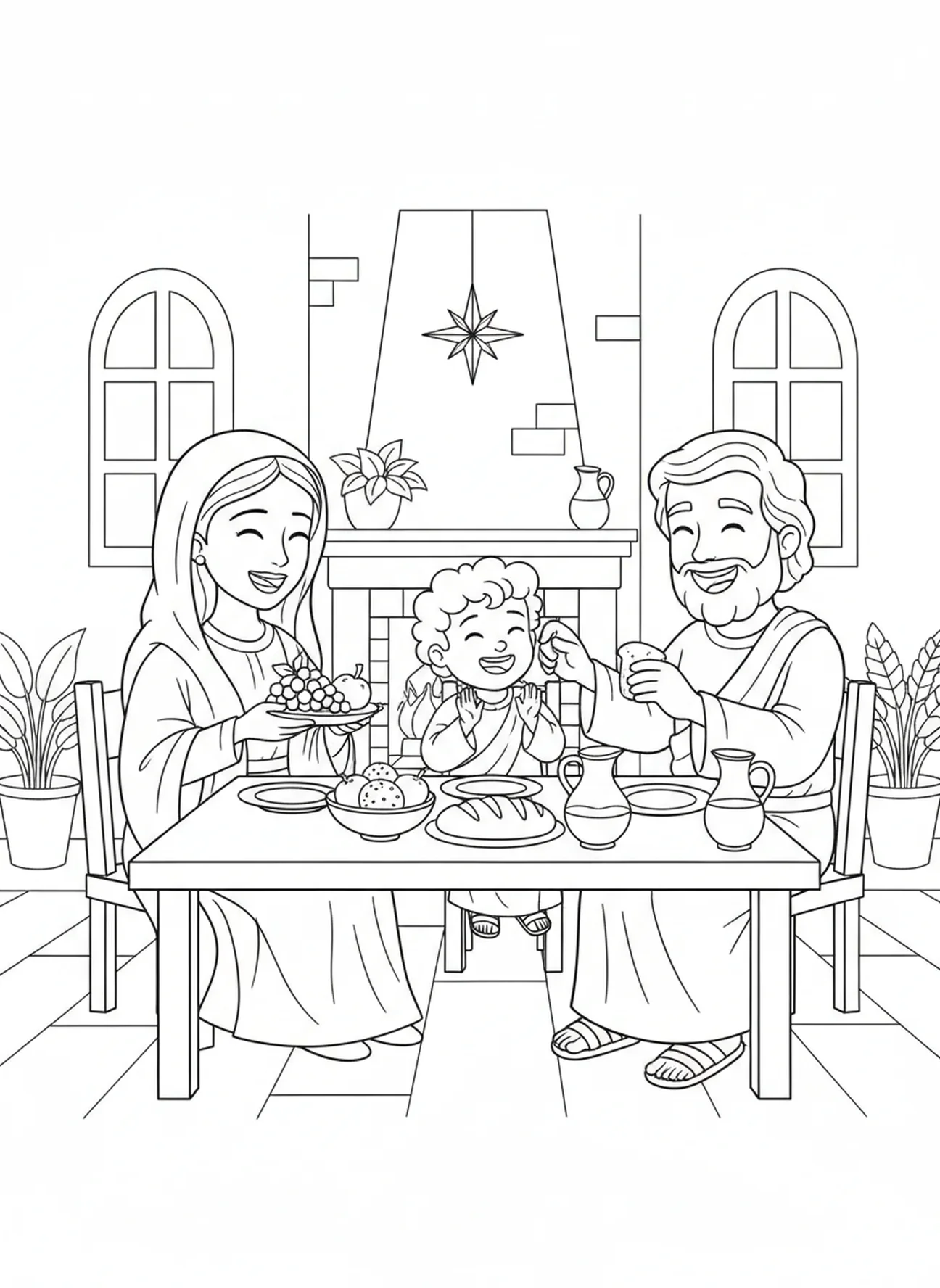 Sainte Famille célébrant autour d'une table, page à colorier pour la Fête de la Sainte Famille pour les enfants de 5 à 10 ans
