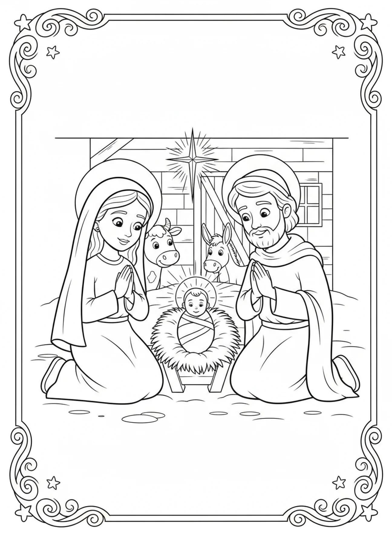 Marie et Joseph priant à côté du bébé Jésus, page à colorier pour la Fête de la Sainte Famille pour les enfants de 5 à 10 ans