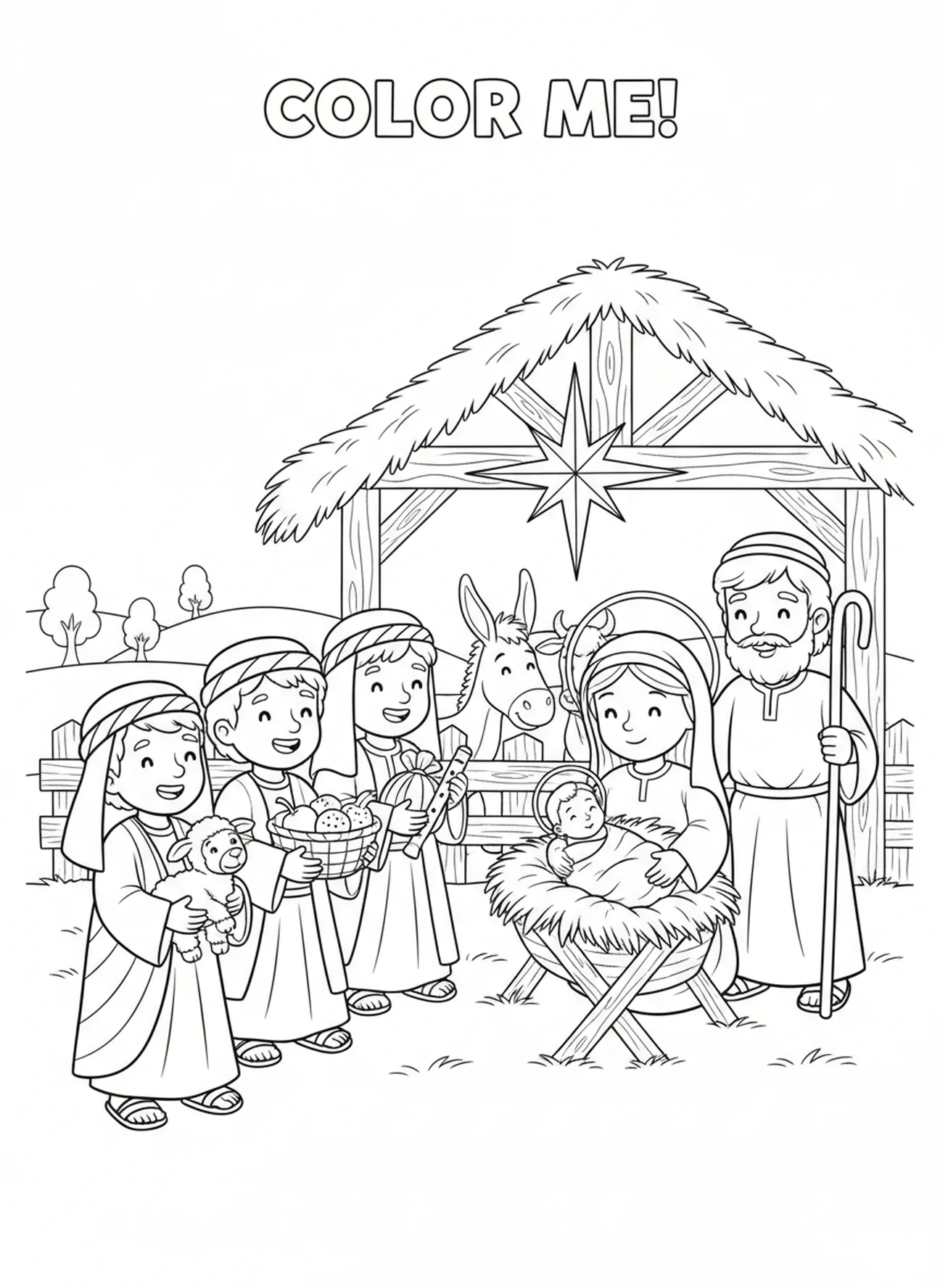 Bergers joyeux rendant visite, page à colorier pour la Fête de la Sainte Famille pour les enfants de 5 à 10 ans