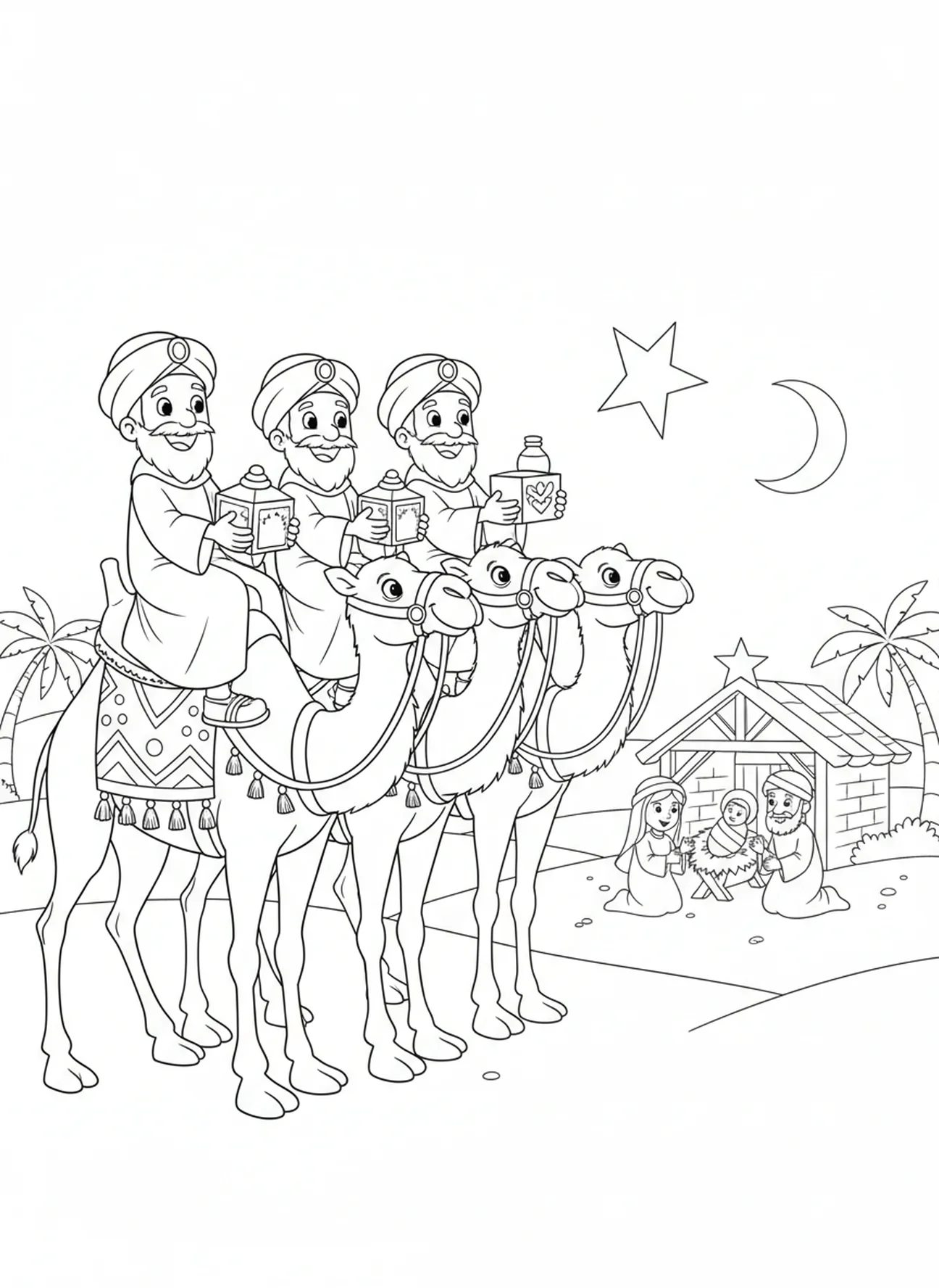 Trois rois mages sur des chameaux, page à colorier pour la Fête de la Sainte Famille pour les enfants de 5 à 10 ans