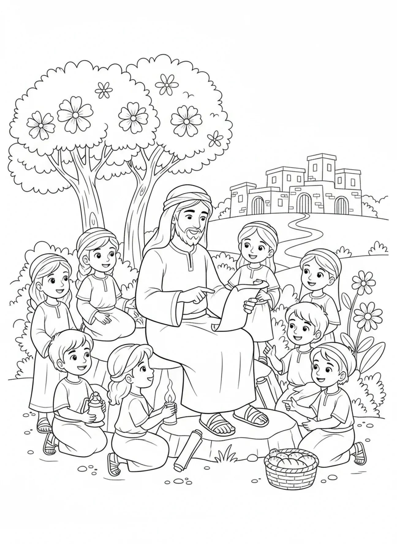 Jezus błogosławiący dzieci, kolorowanka na Uroczystość Świętej Rodziny dla dzieci w katechezie w wieku 5-12 lat.