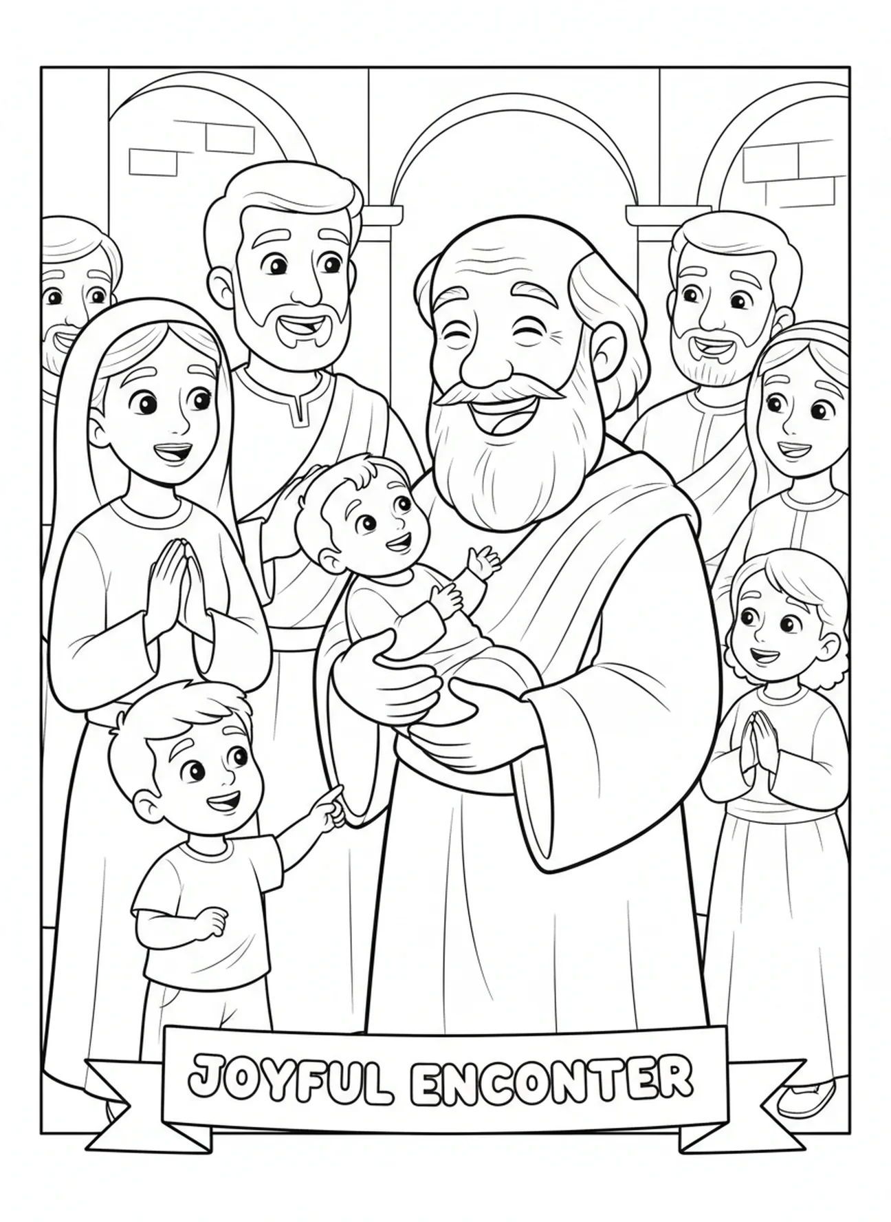 Simeon hält das Baby Jesus, Ausmalbild zum Fest der Darstellung für Kinder im Alter von 5-10 Jahren