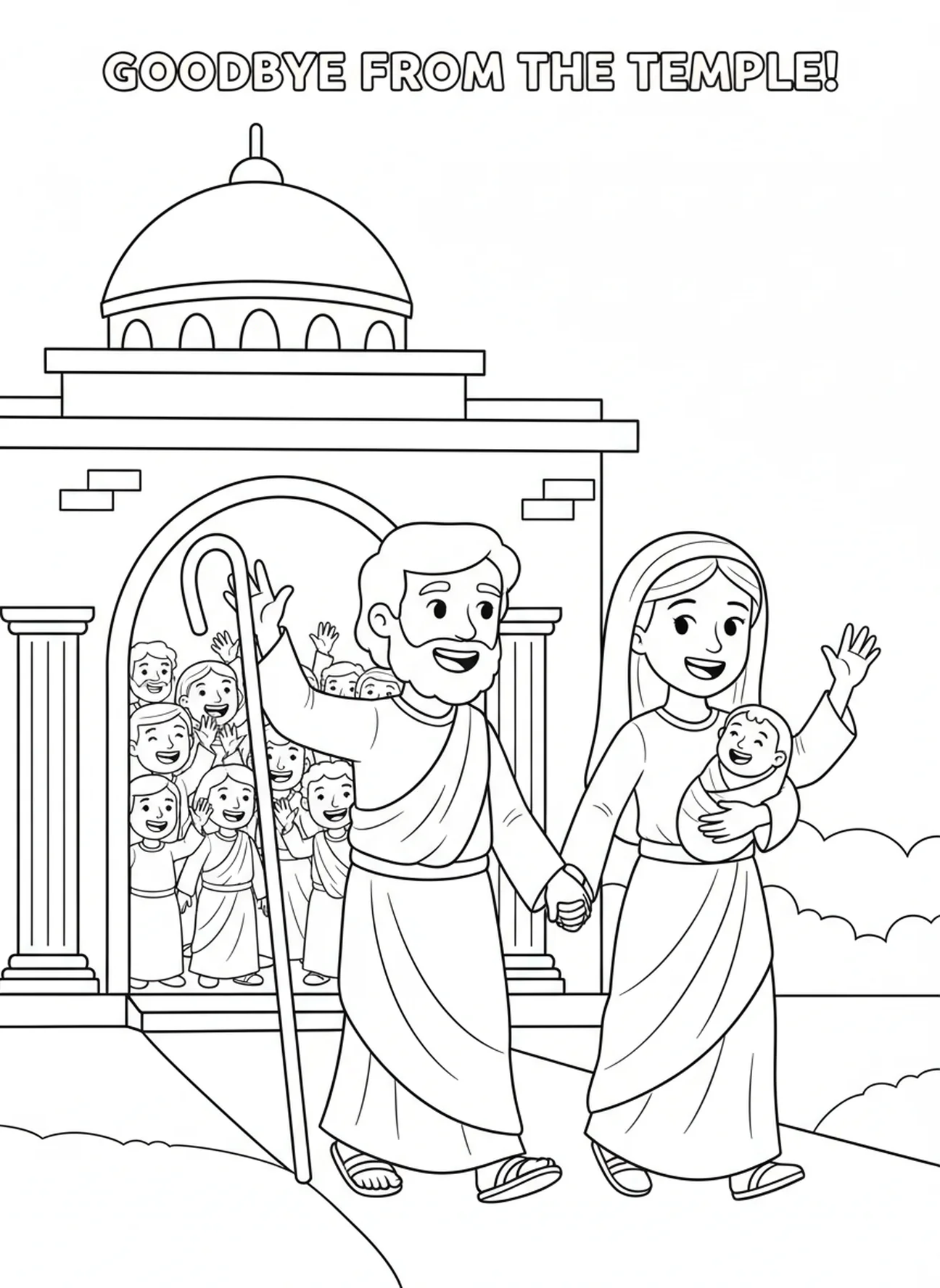 Familie von Joseph, Maria und dem Baby Jesus, Ausmalbild zum Fest der Darstellung für Kinder im Alter von 5-10 Jahren
