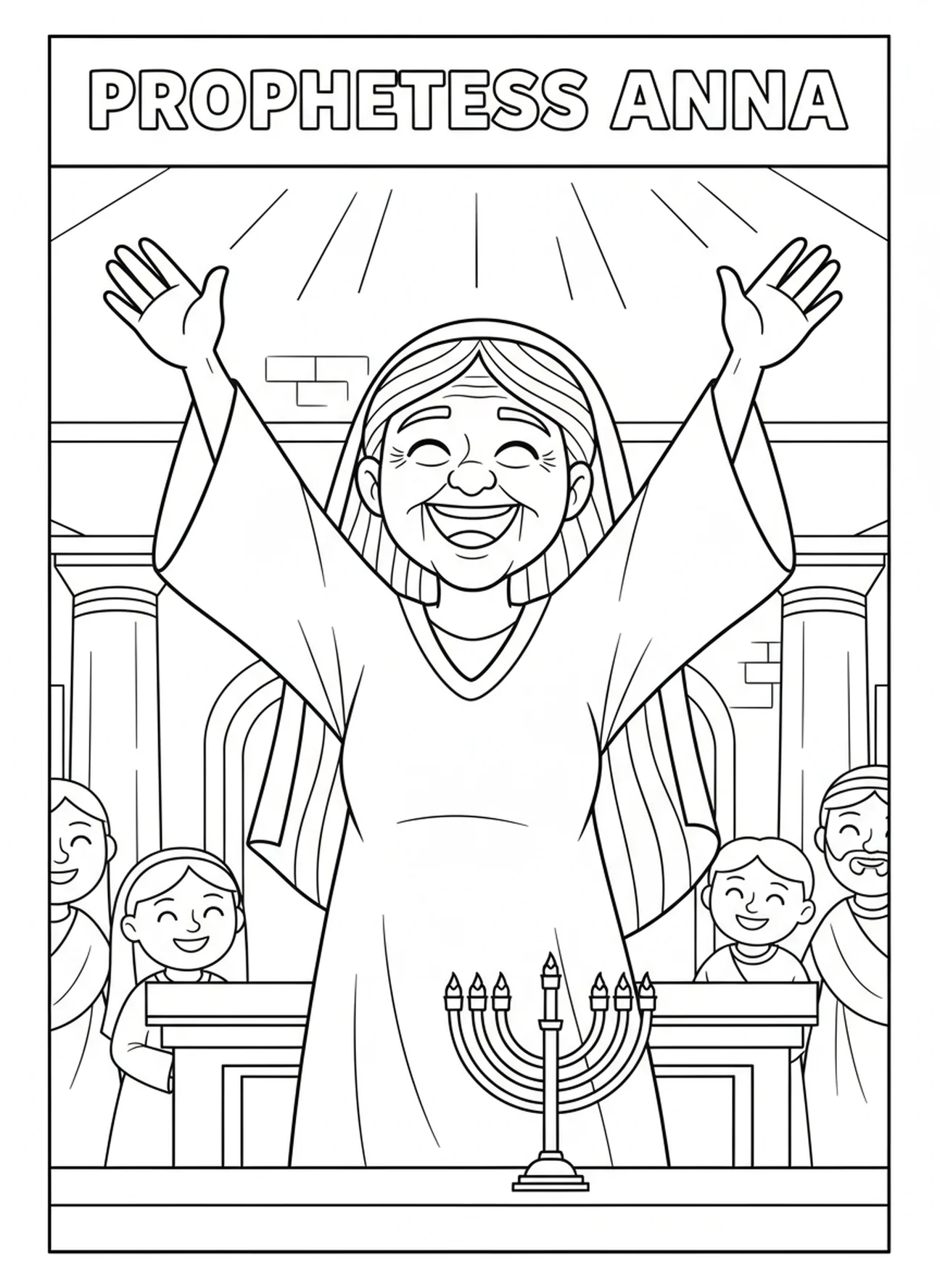 Die Prophetin Anna lobt, Ausmalbild zum Fest der Darstellung für Kinder im Alter von 5-10 Jahren