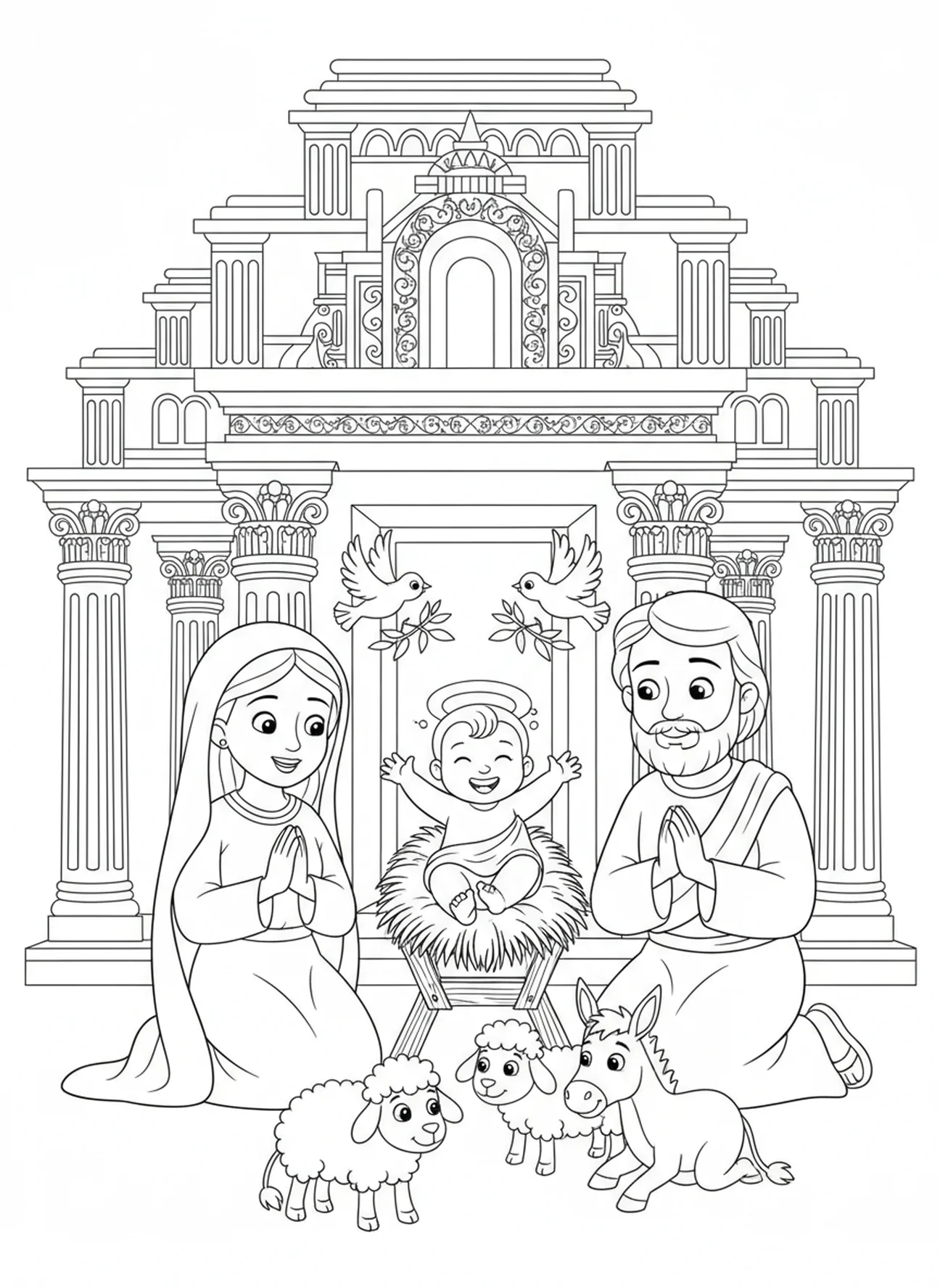 Tempel-Hintergrund, Ausmalbild zum Fest der Darstellung für Kinder im Alter von 5-10 Jahren