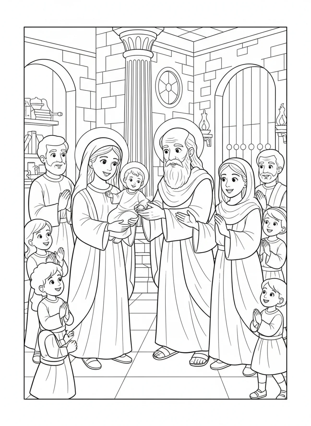 Das Jesuskind empfängt Segnungen, Ausmalbild zum Fest der Darstellung für Kinder in der Sonntagsschule im Alter von 5-12 Jahren.