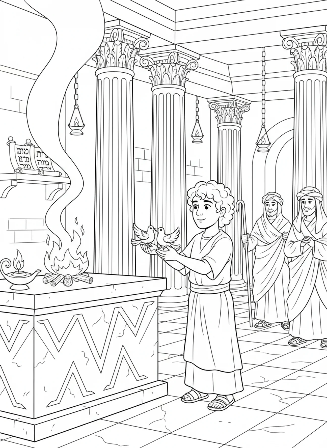 Josef bringt ein Opfer am Altar dar, Ausmalbild zum Fest der Darstellung für Sonntagsschulkinder im Alter von 5-12 Jahren.