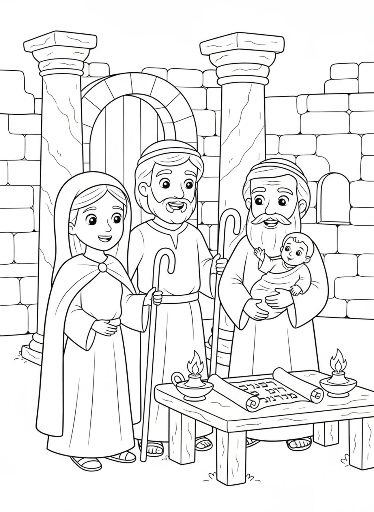 Maria und Josef mit dem Baby Jesus, Ausmalbild zum Fest der Darstellung für Sonntagsschulkinder im Alter von 5-12 Jahren.