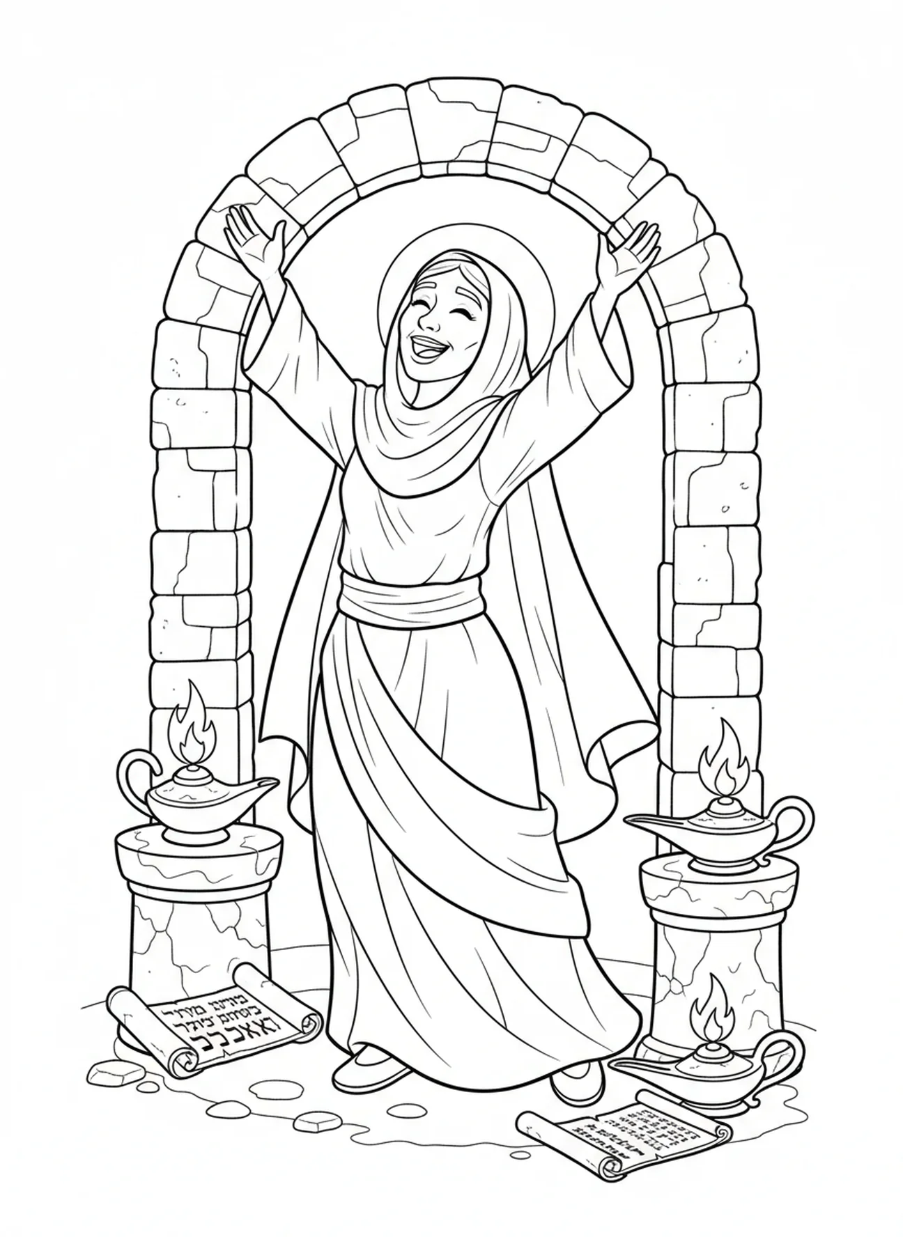 Die Prophetin Anna lobt Gott, Ausmalbild zum Fest der Darstellung für Kinder in der Sonntagsschule im Alter von 5-12 Jahren.