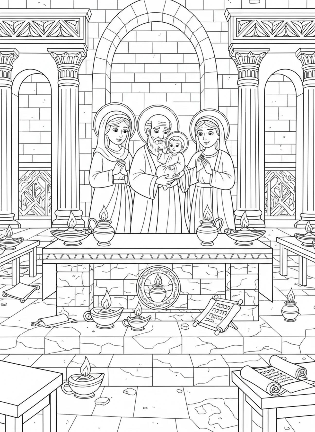 Tempelaltar-Szene mit Figuren, Ausmalbild zur Darstellung des Herrn für Kinder in der Sonntagsschule im Alter von 5-12 Jahren.