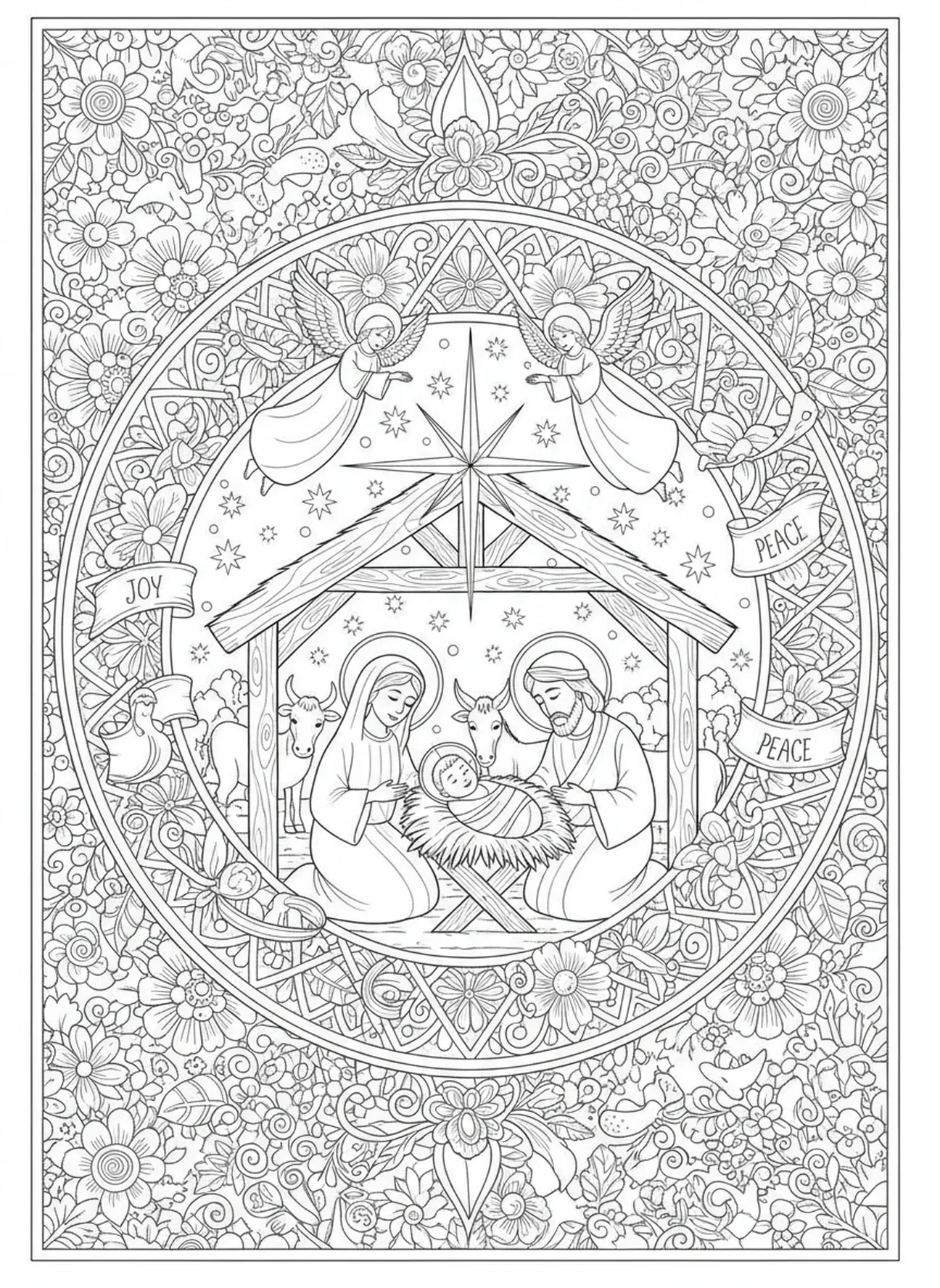 Naissance de Jésus dans un cadre humble, page à colorier de l'Immaculée Conception pour adultes dans un style de journal biblique.