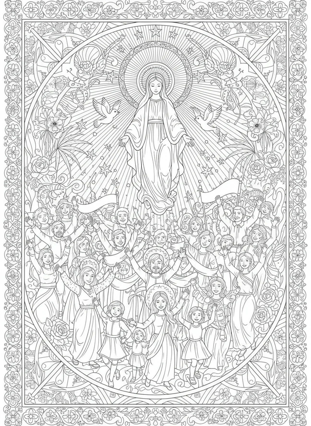 Rassemblement joyeux célébrant l'Immaculée Conception, page à colorier sur l'Immaculée Conception pour adultes dans un style de journal biblique.