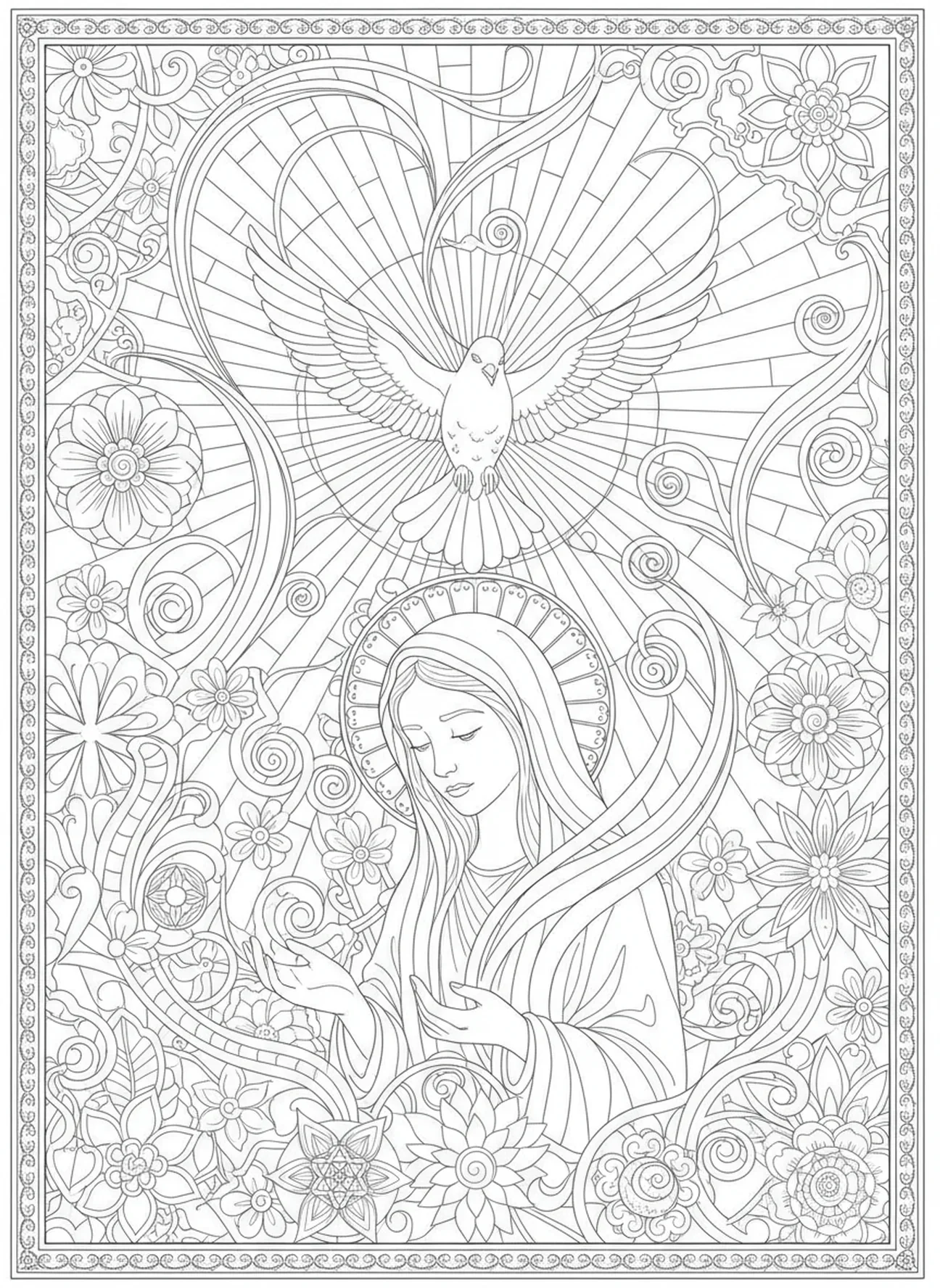 Colombe du Saint-Esprit descendant sur Marie, page à colorier sur la Conception Immaculée pour adultes dans un style de journal biblique.
