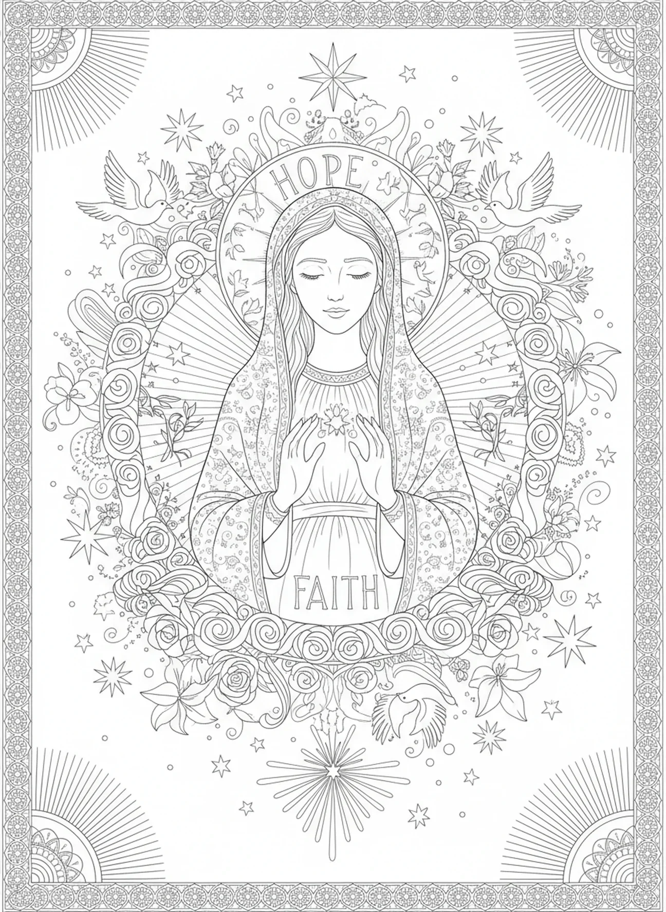 Marie embrassant son appel divin, page à colorier de l'Immaculée Conception pour le journaling biblique.