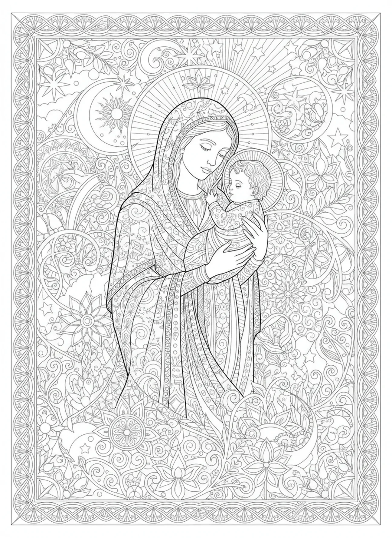 Marie tenant l'enfant Jésus, page à colorier de l'Immaculée Conception pour adultes dans un style de journal biblique.