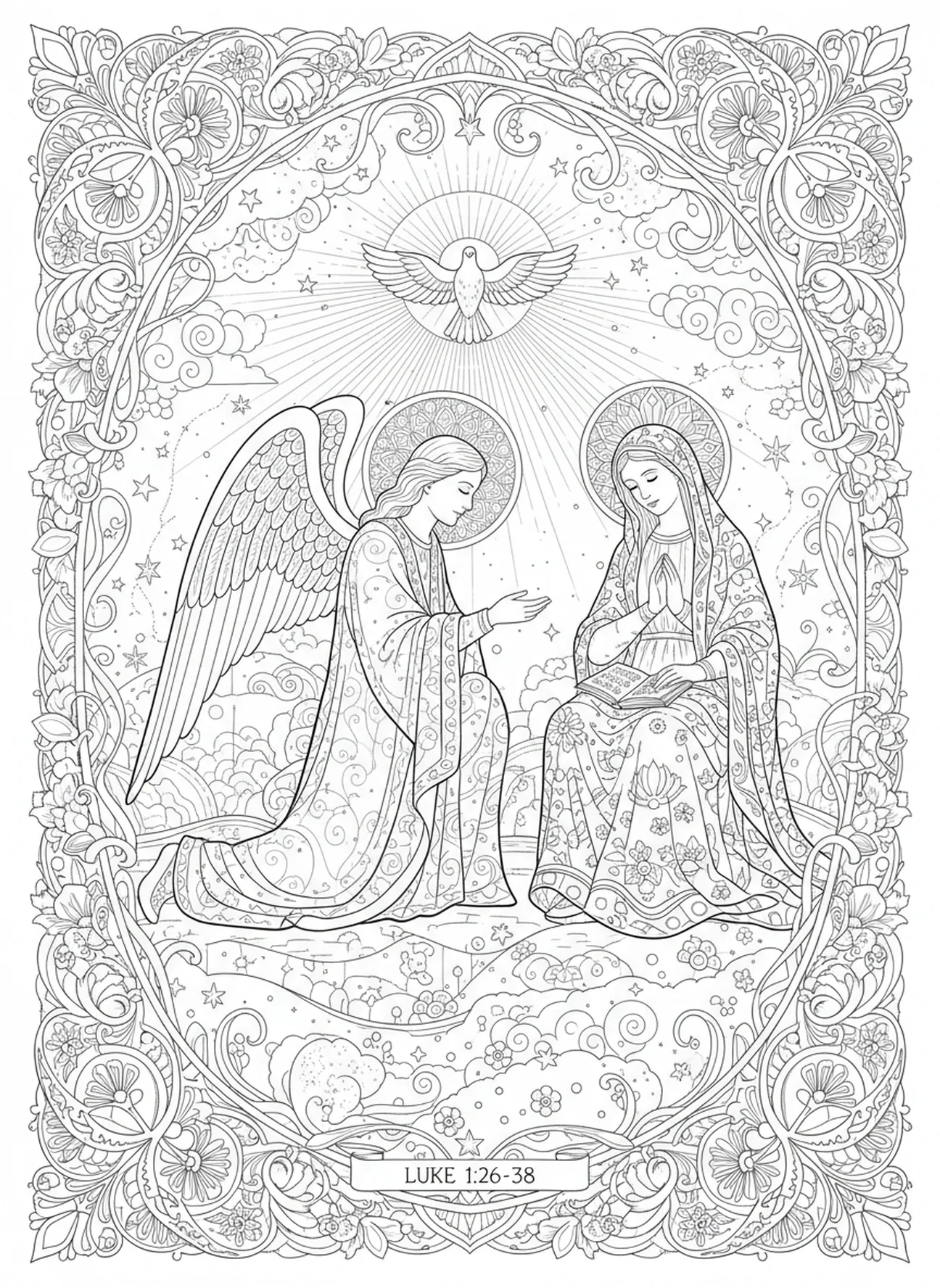 O Anjo Gabriel anunciando a Maria, página para colorir da Solenidade de Maria em estilo de journaling bíblico para adultos.