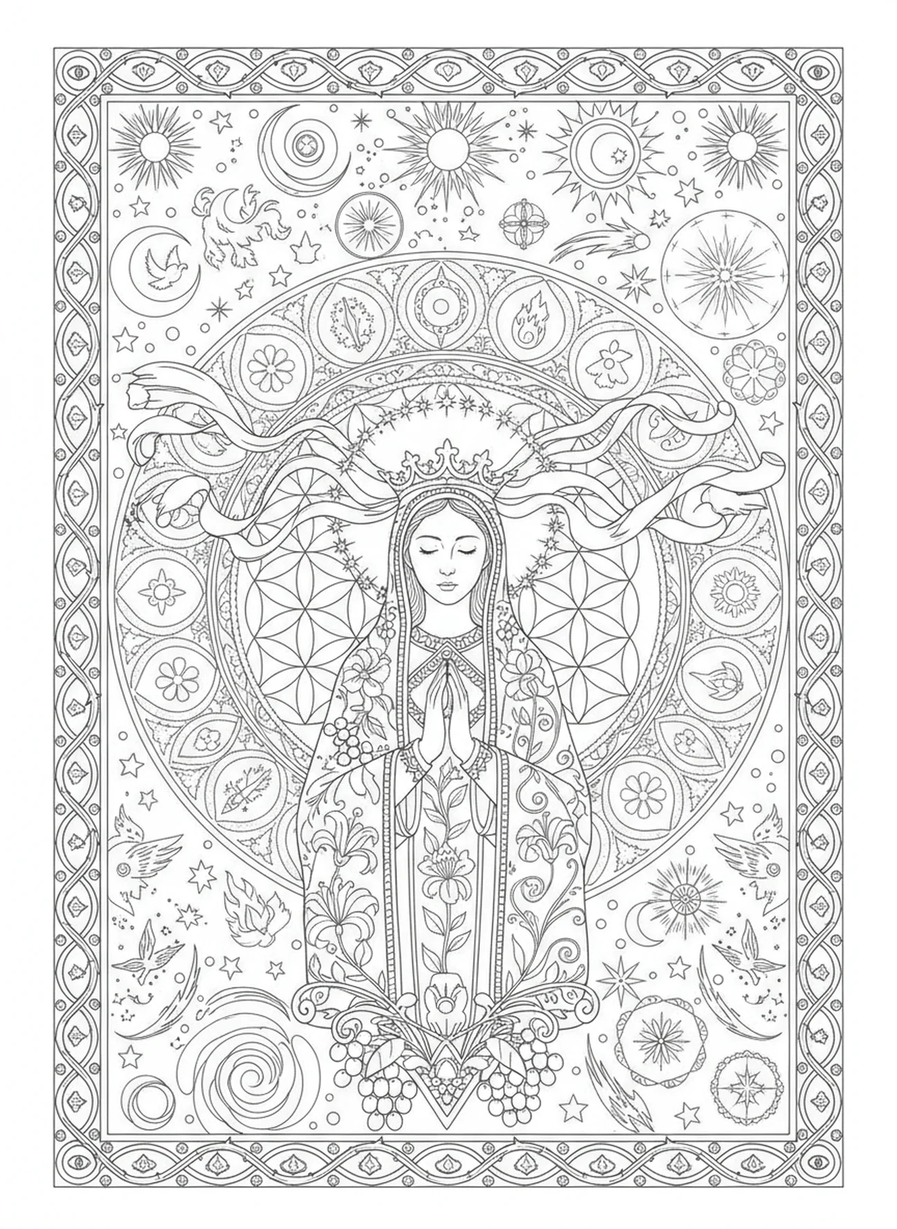 Maria coroada como Rainha do Céu, página para colorir da Solenidade de Maria no estilo de journaling bíblico para adultos.