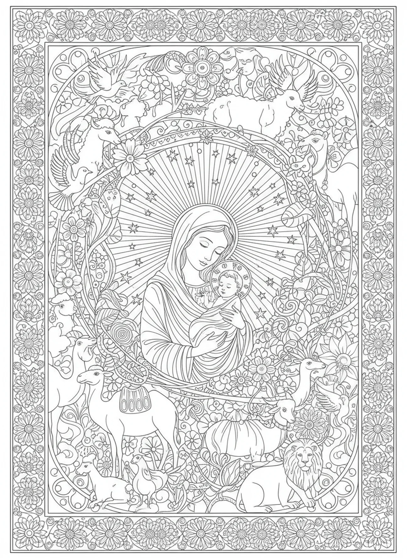 Maria segurando o bebê Jesus, página para colorir da Solenidade de Maria no estilo de journaling bíblico para adultos.