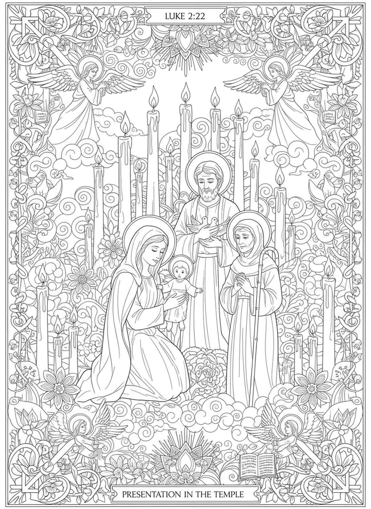 Maria apresentando Jesus no templo, página de colorir sobre a Solenidade de Maria para adultos no estilo de journaling bíblico.